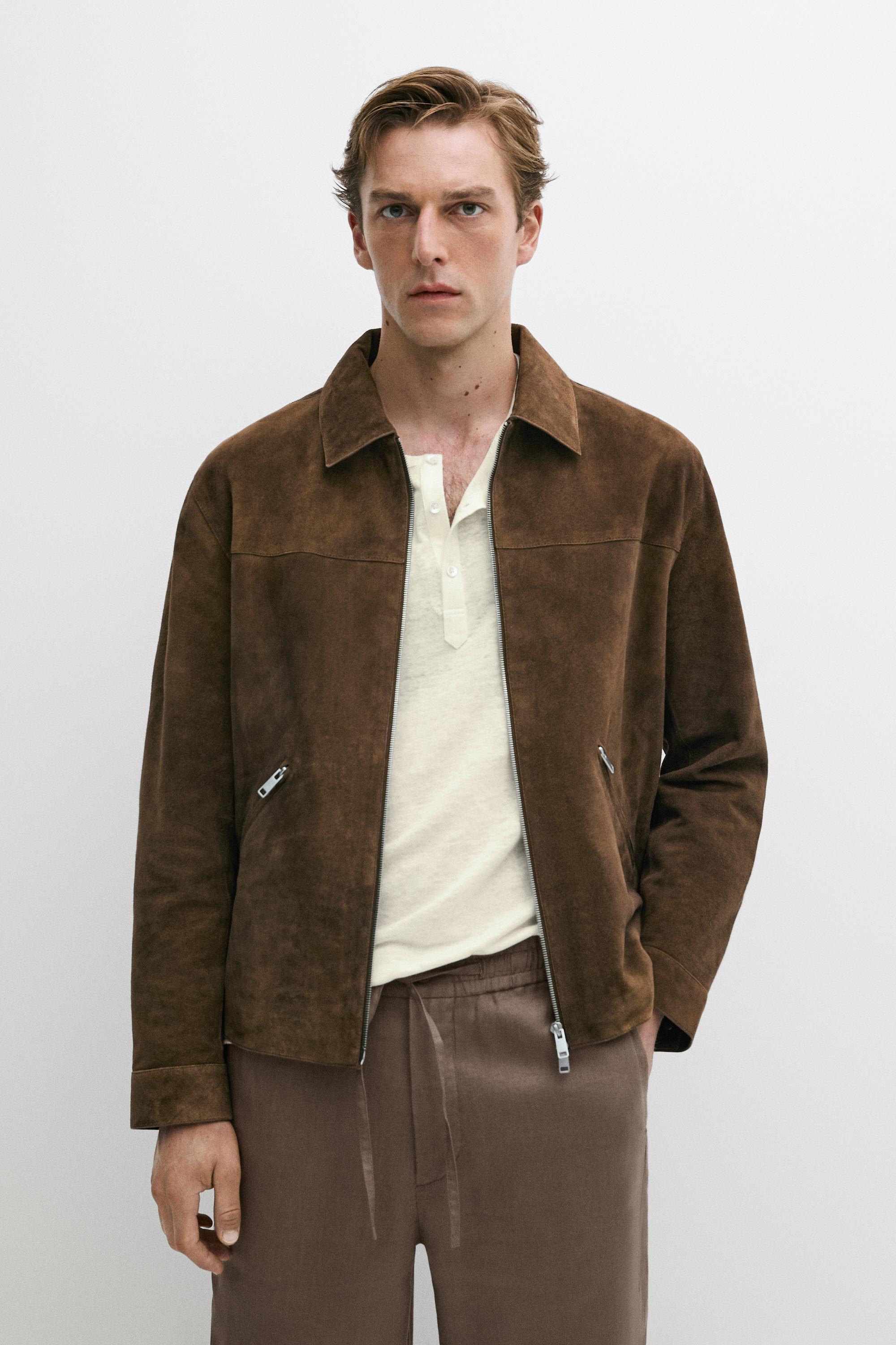 Suede leather zip-up jacket