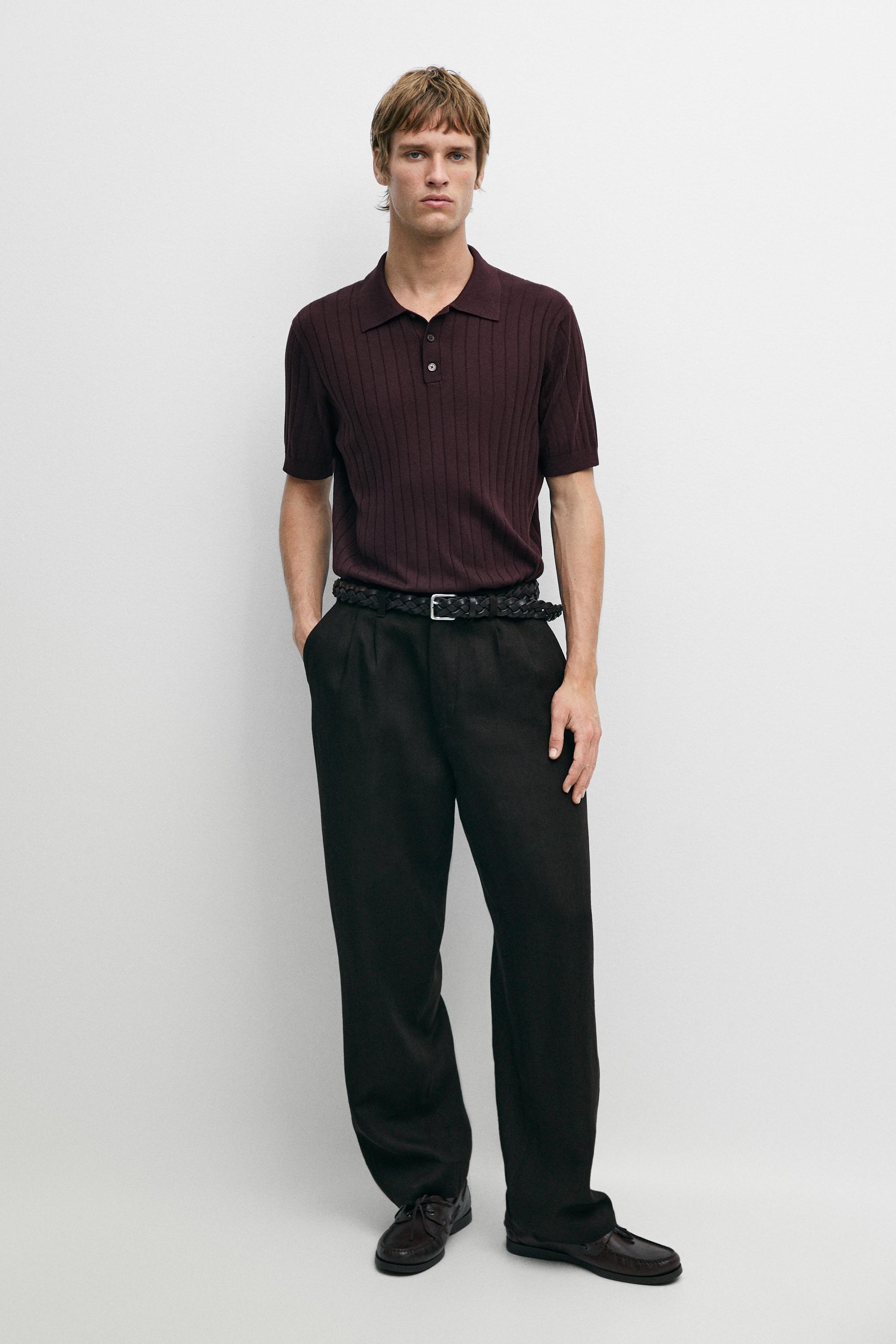 Ribbed knit cotton blend polo shirt