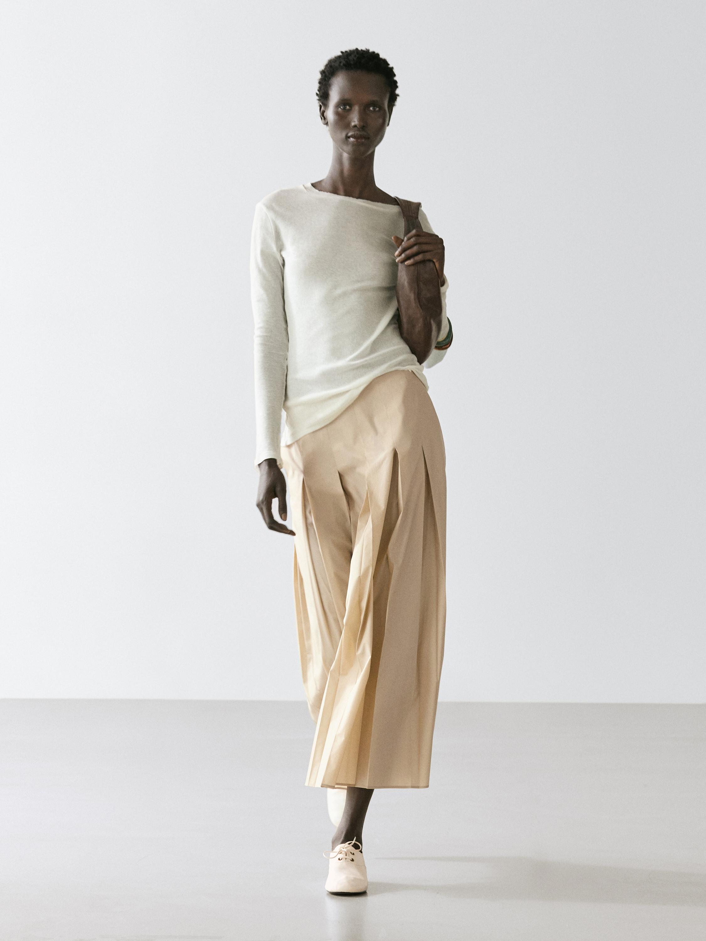 Cotton box pleat midi skirt
