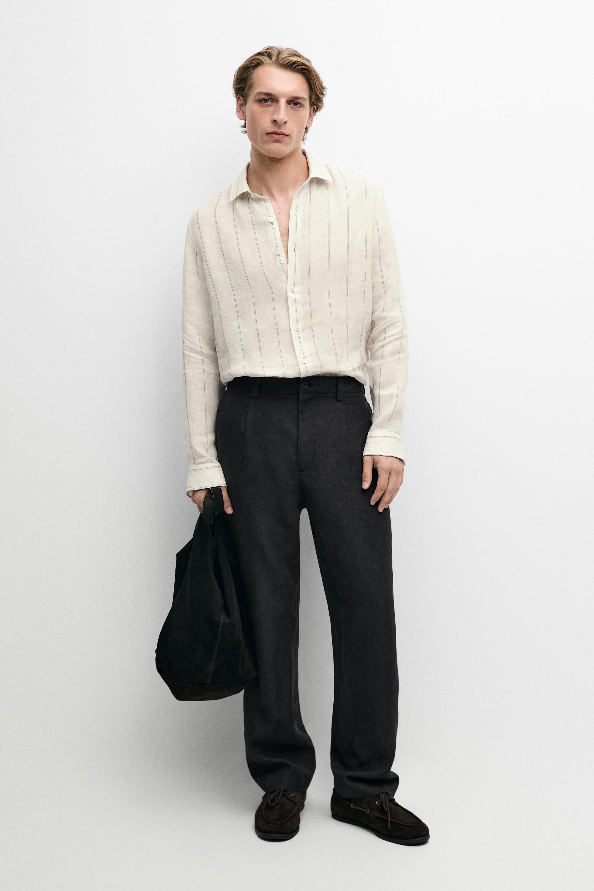 100% linen regular fit striped shirt