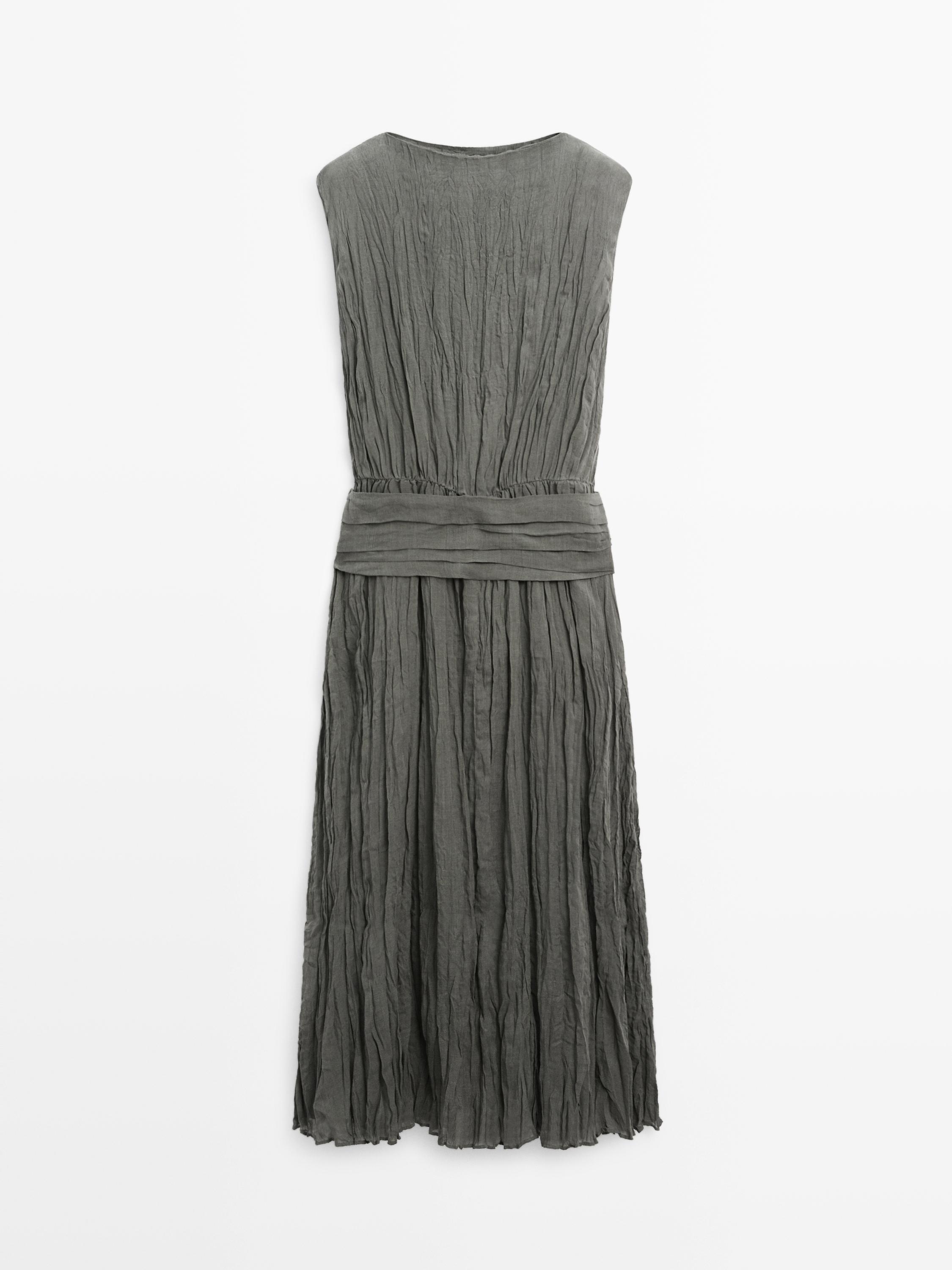 Textured flowing fabric dress with sash belt