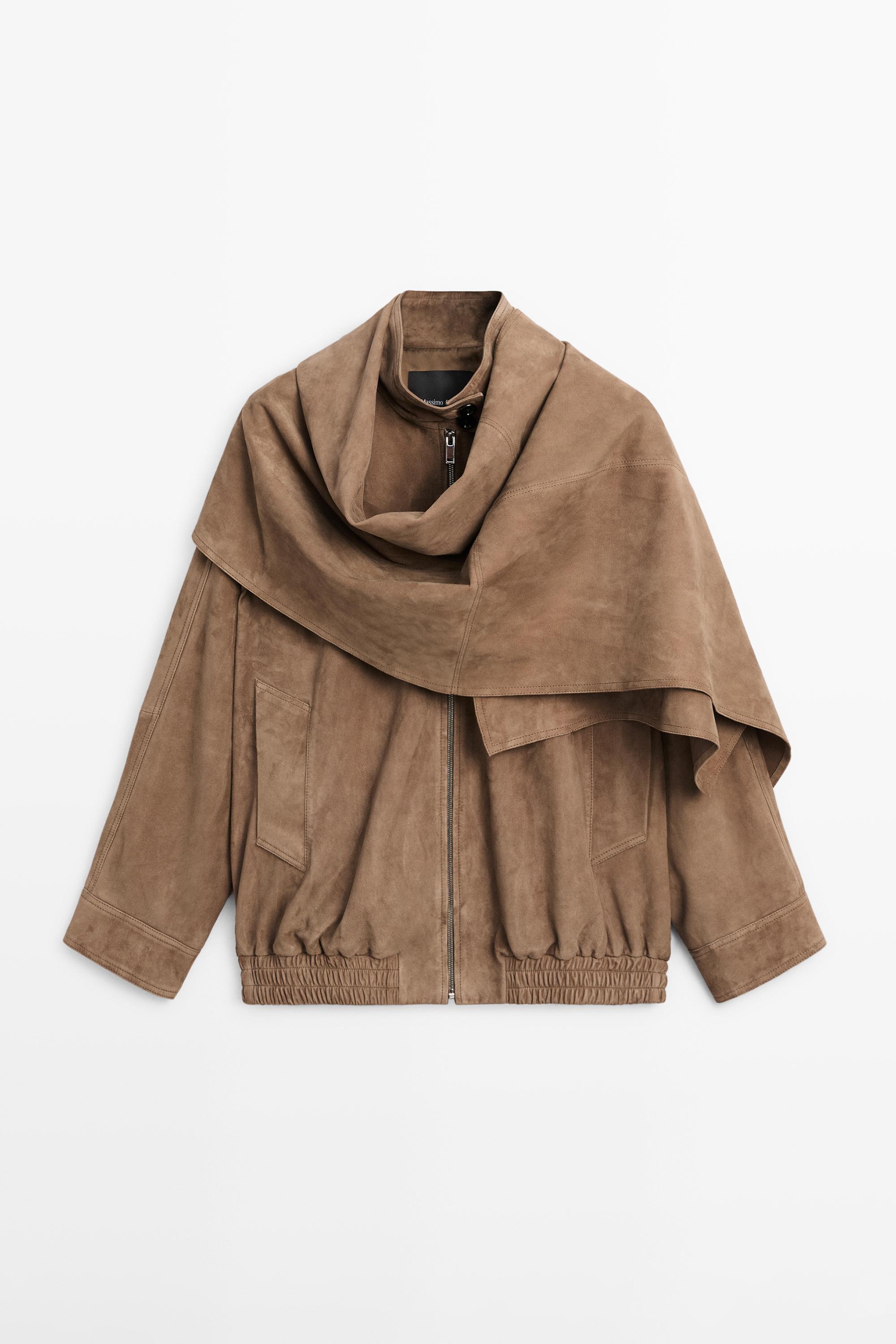 Suede leather bomber jacket with scarf detail