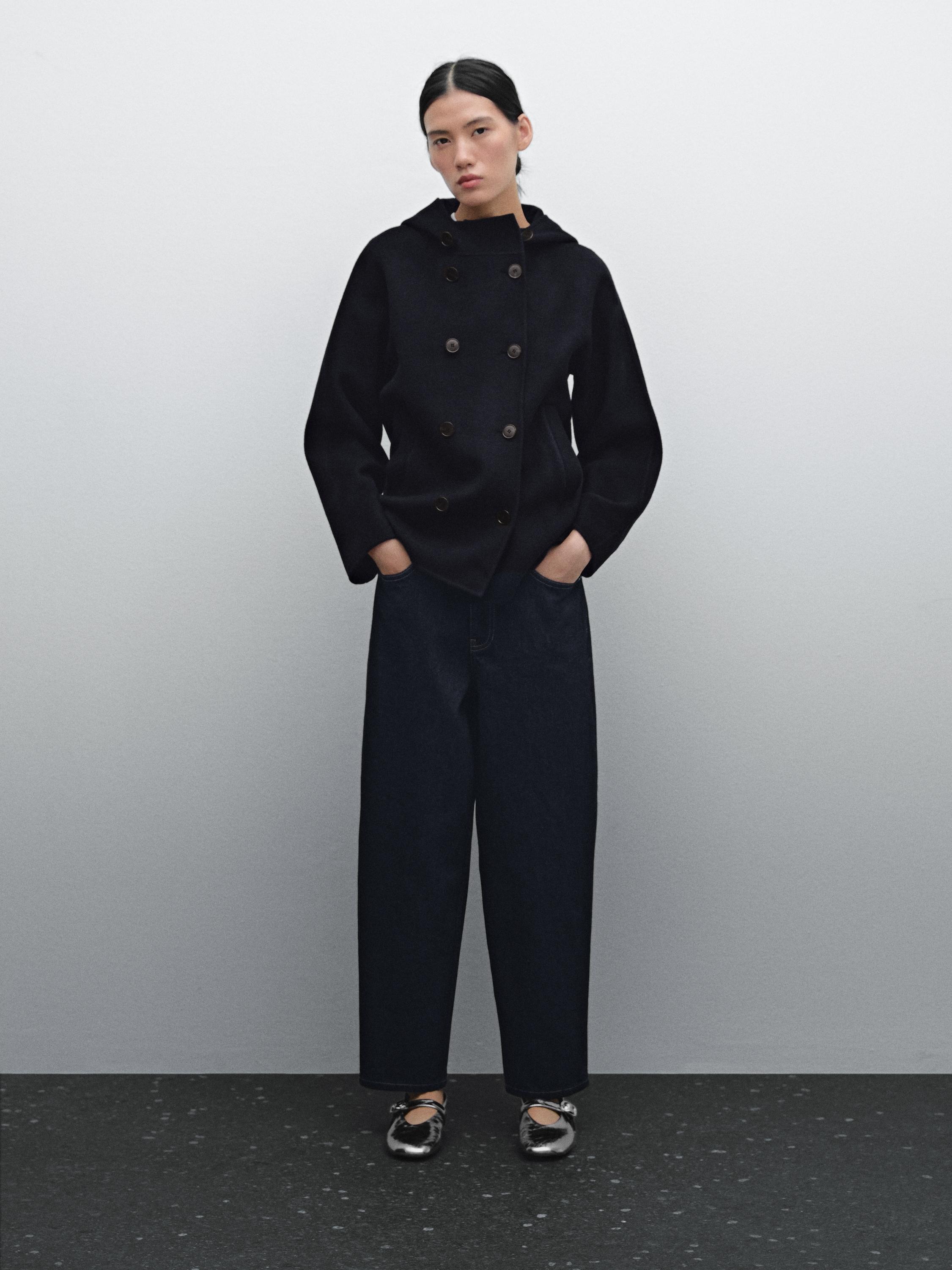 Double-layer wool blend coat with hood