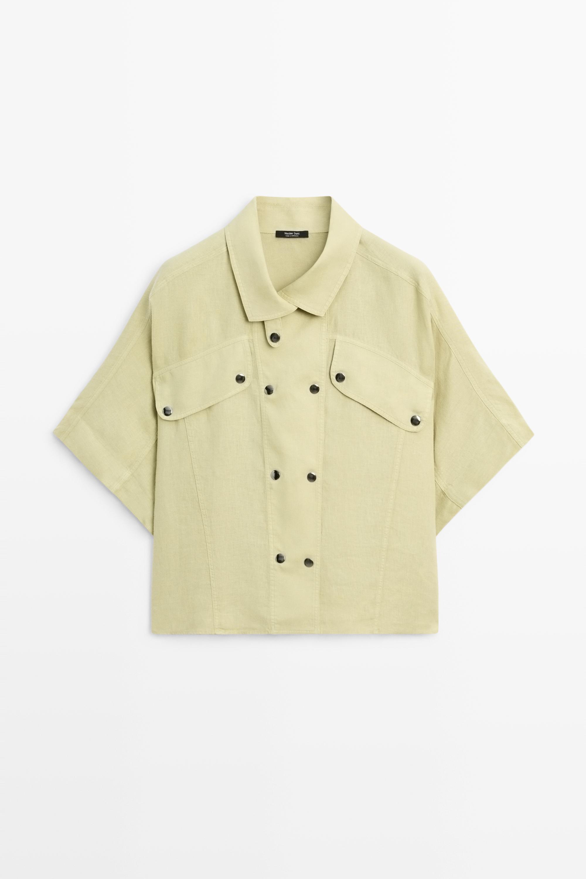 Short sleeve linen snap button shirt