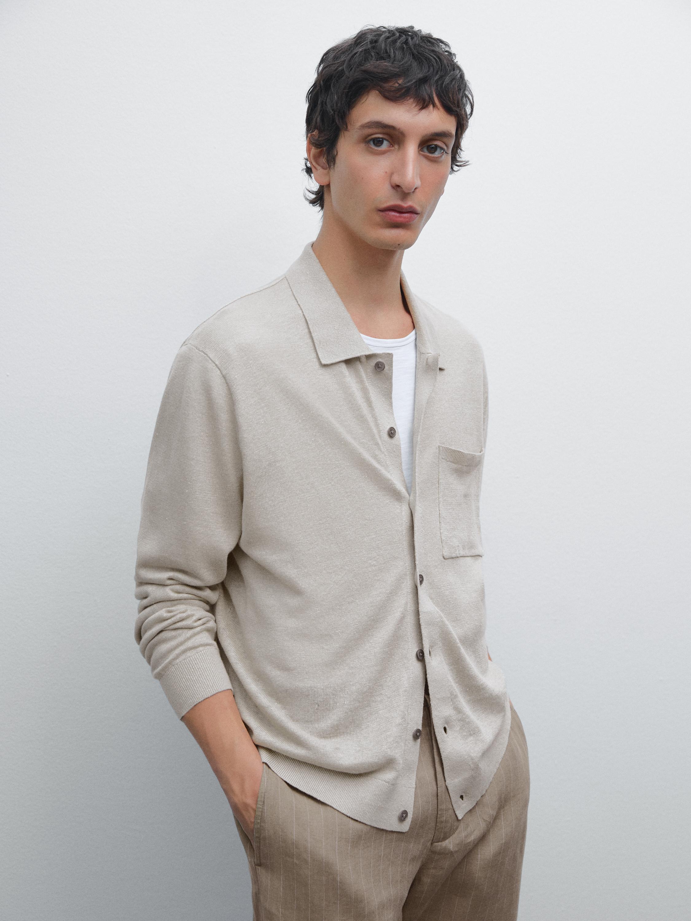 100% linen knit cardigan with pocket