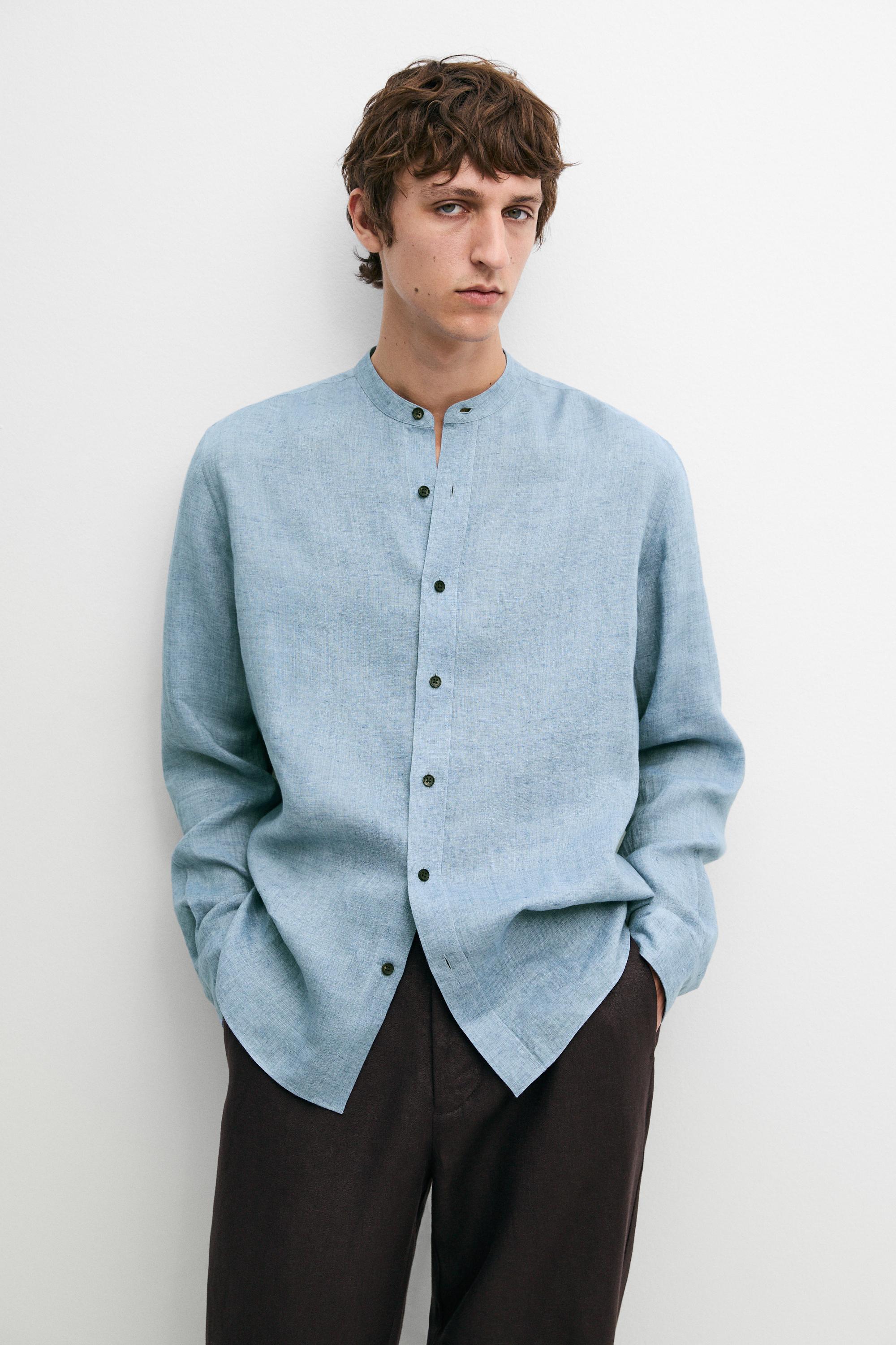 Regular fit contrast button 100% linen shirt