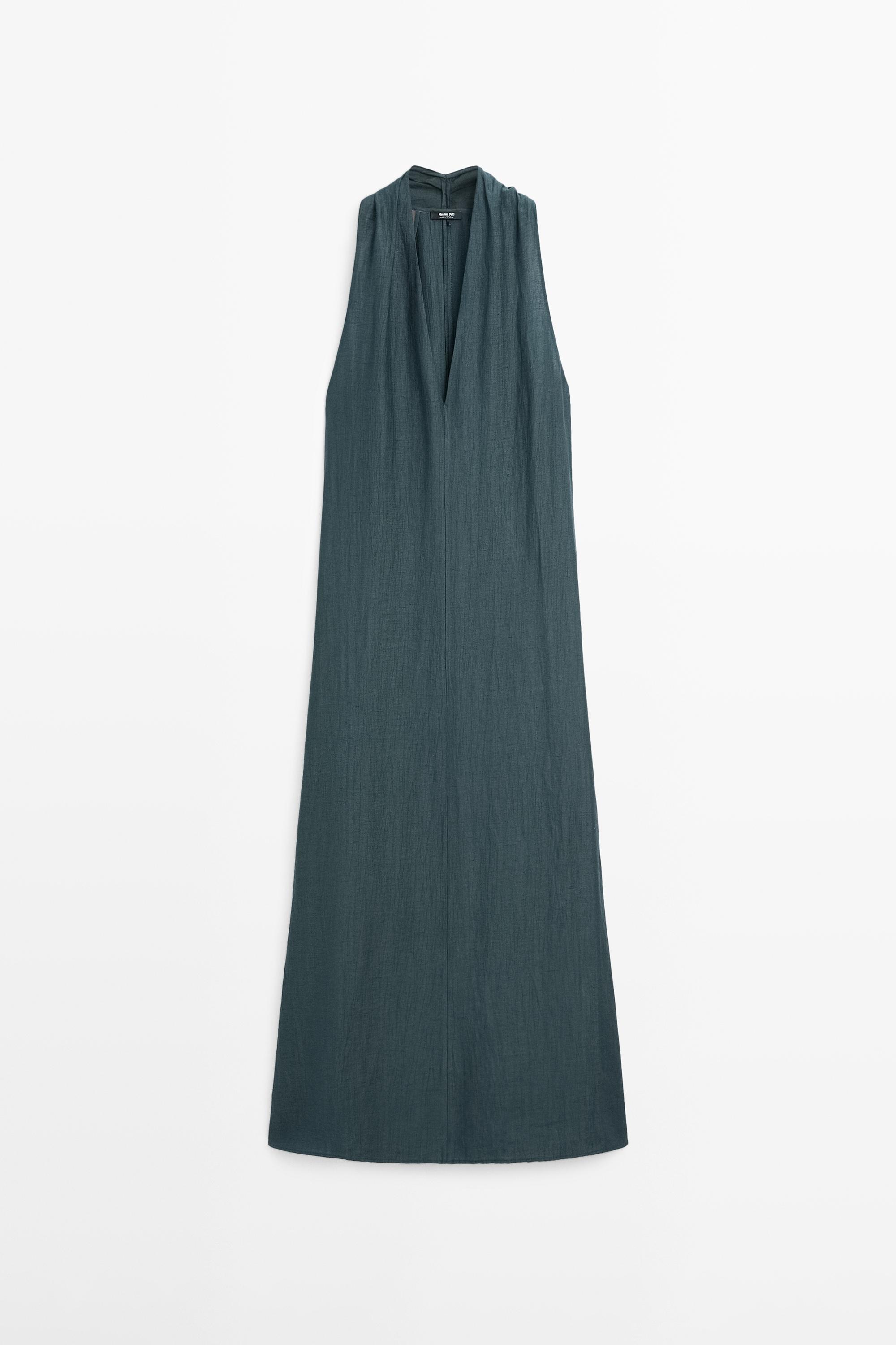 Linen blend midi dress with V-neckline