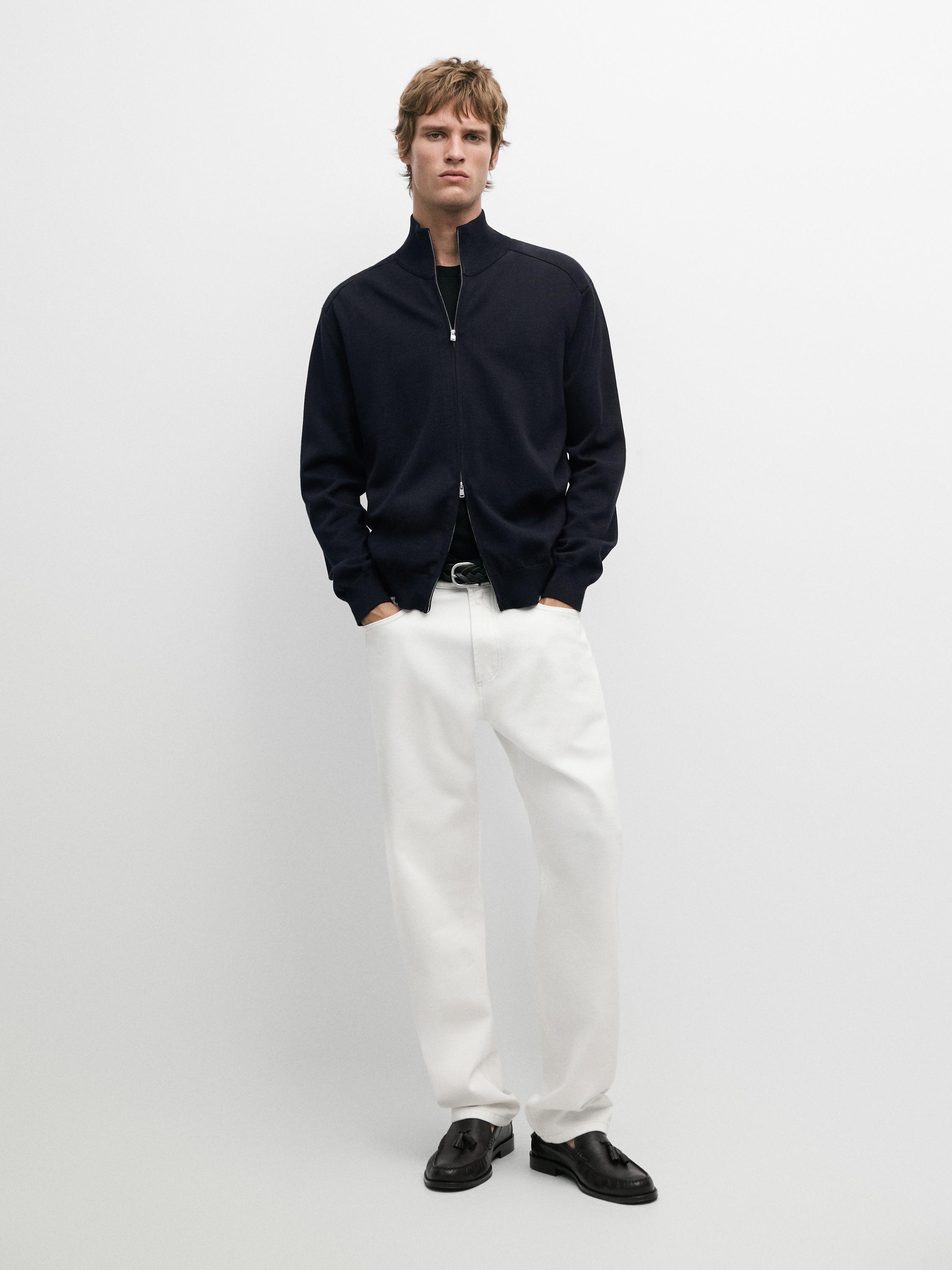 Cotton zip-up knit cardigan