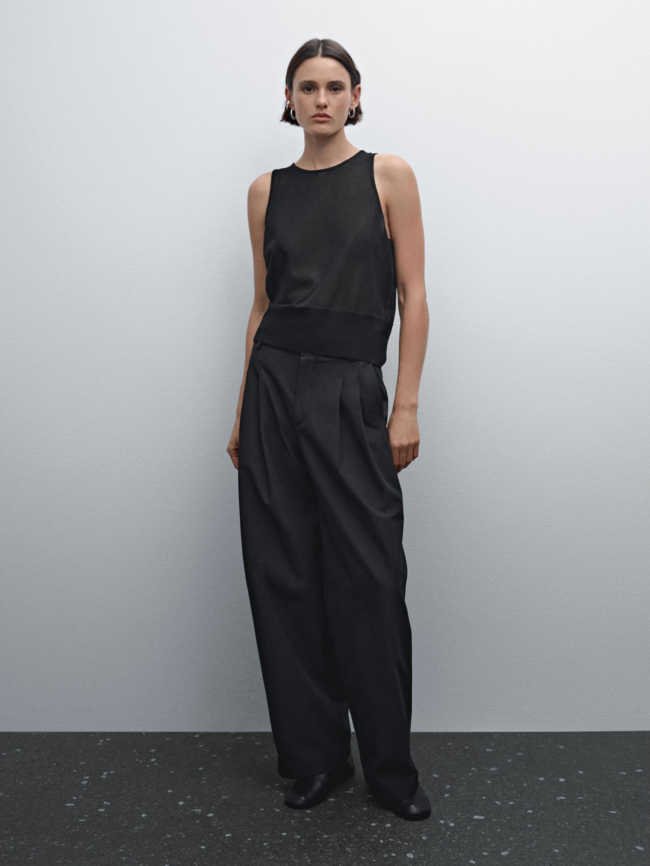 Wide-leg cotton blend trousers