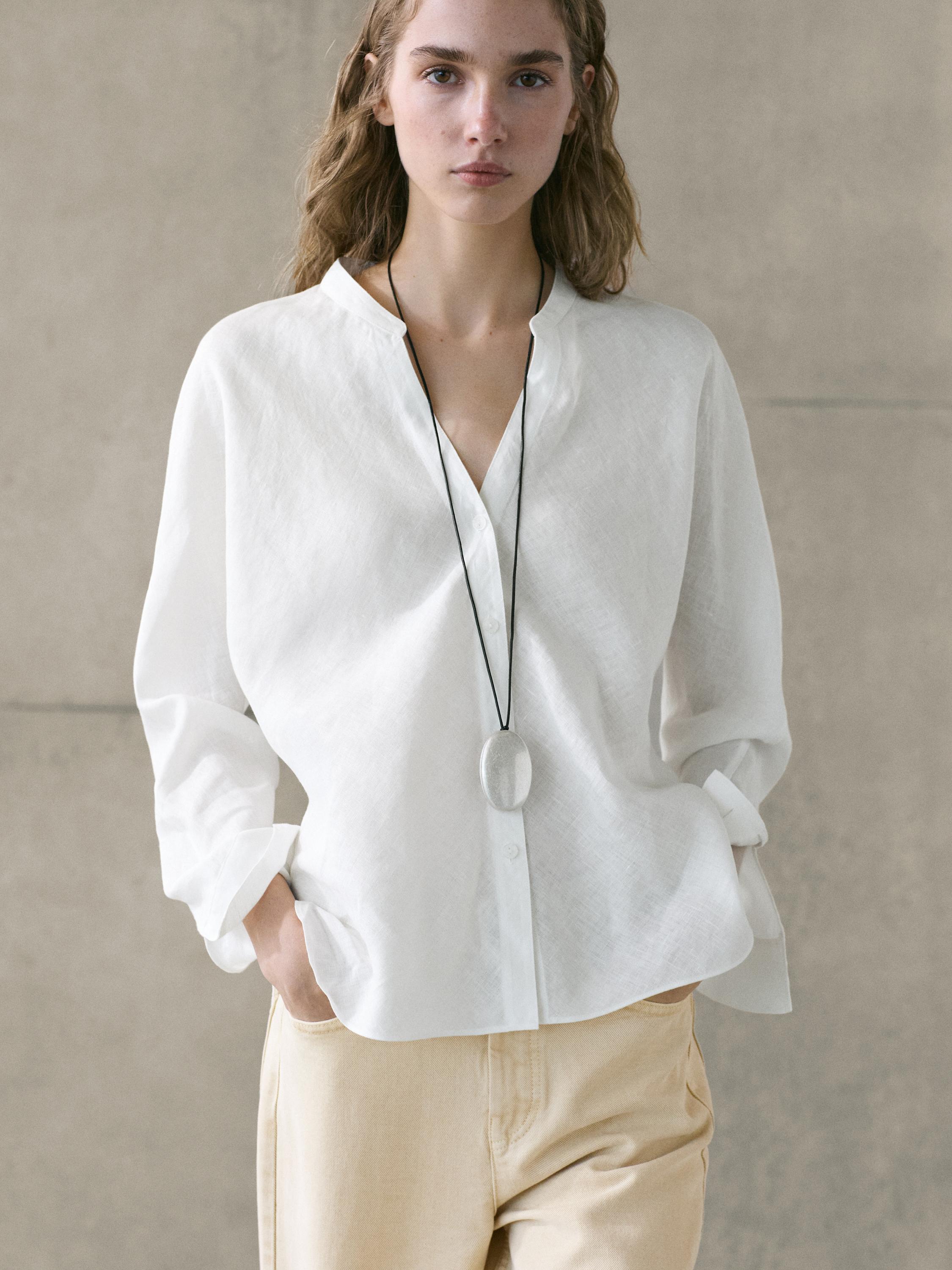 100% linen stand collar shirt
