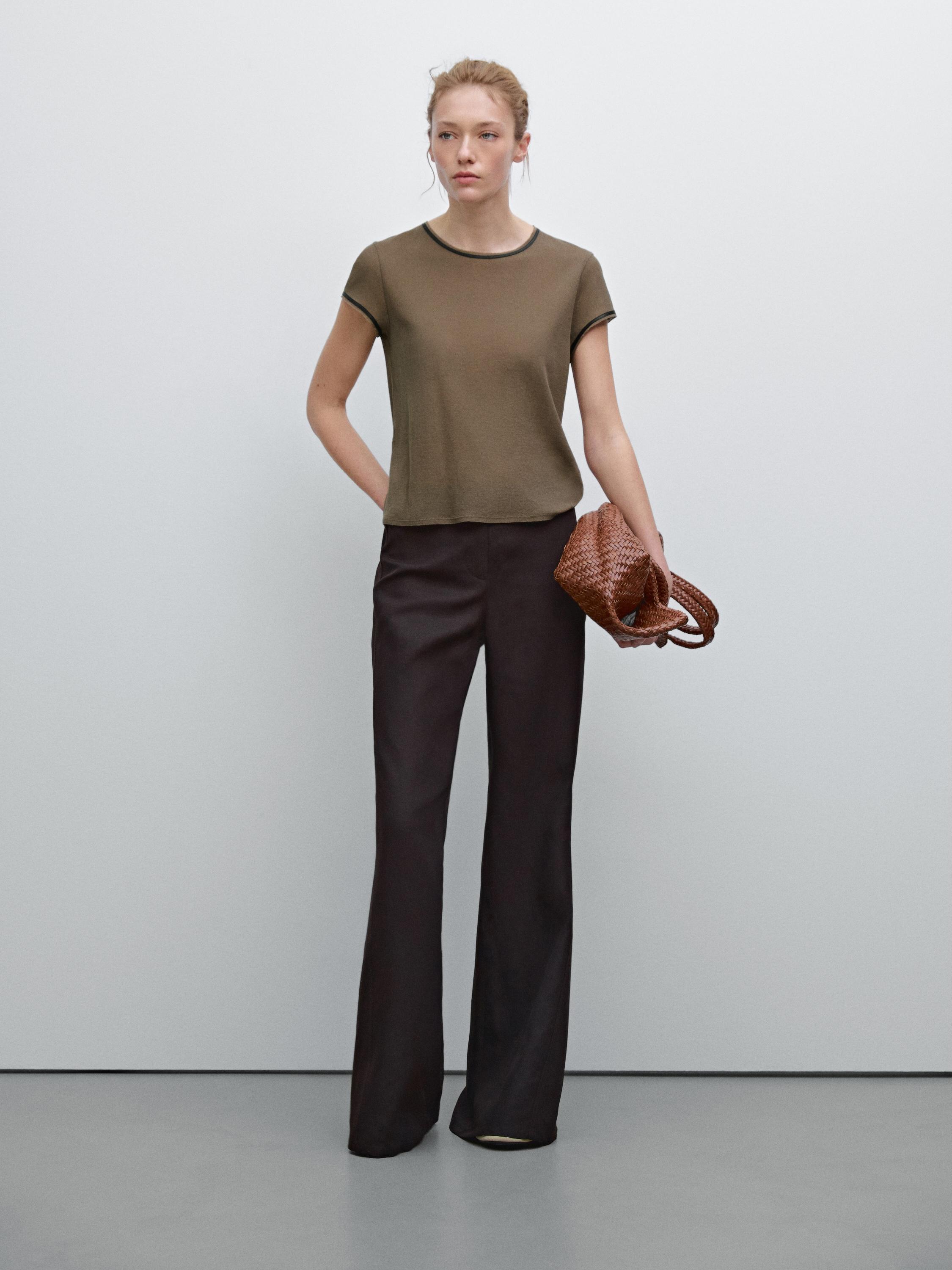 Contrast leather trimmed T-shirt