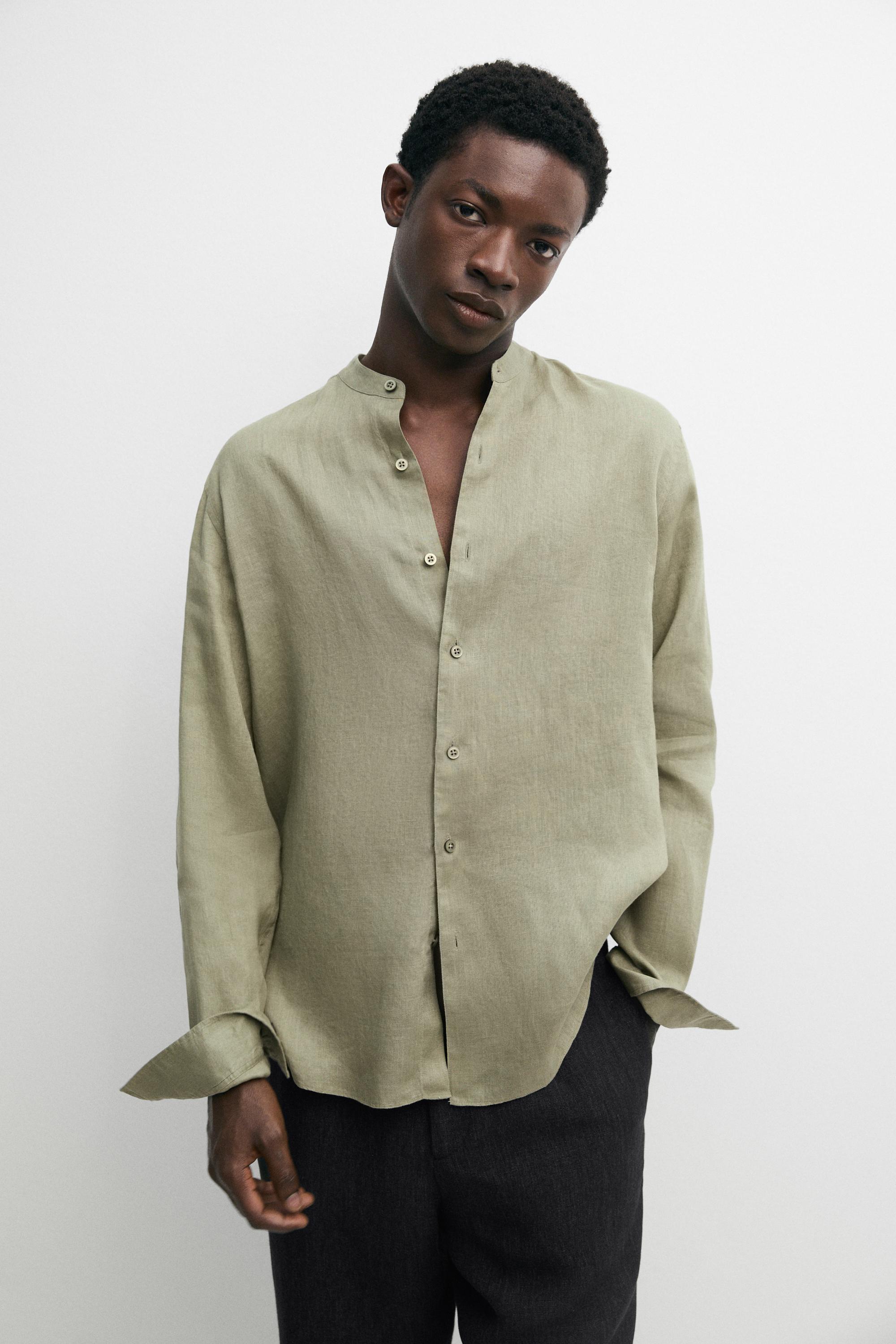 100% linen regular fit stand collar shirt
