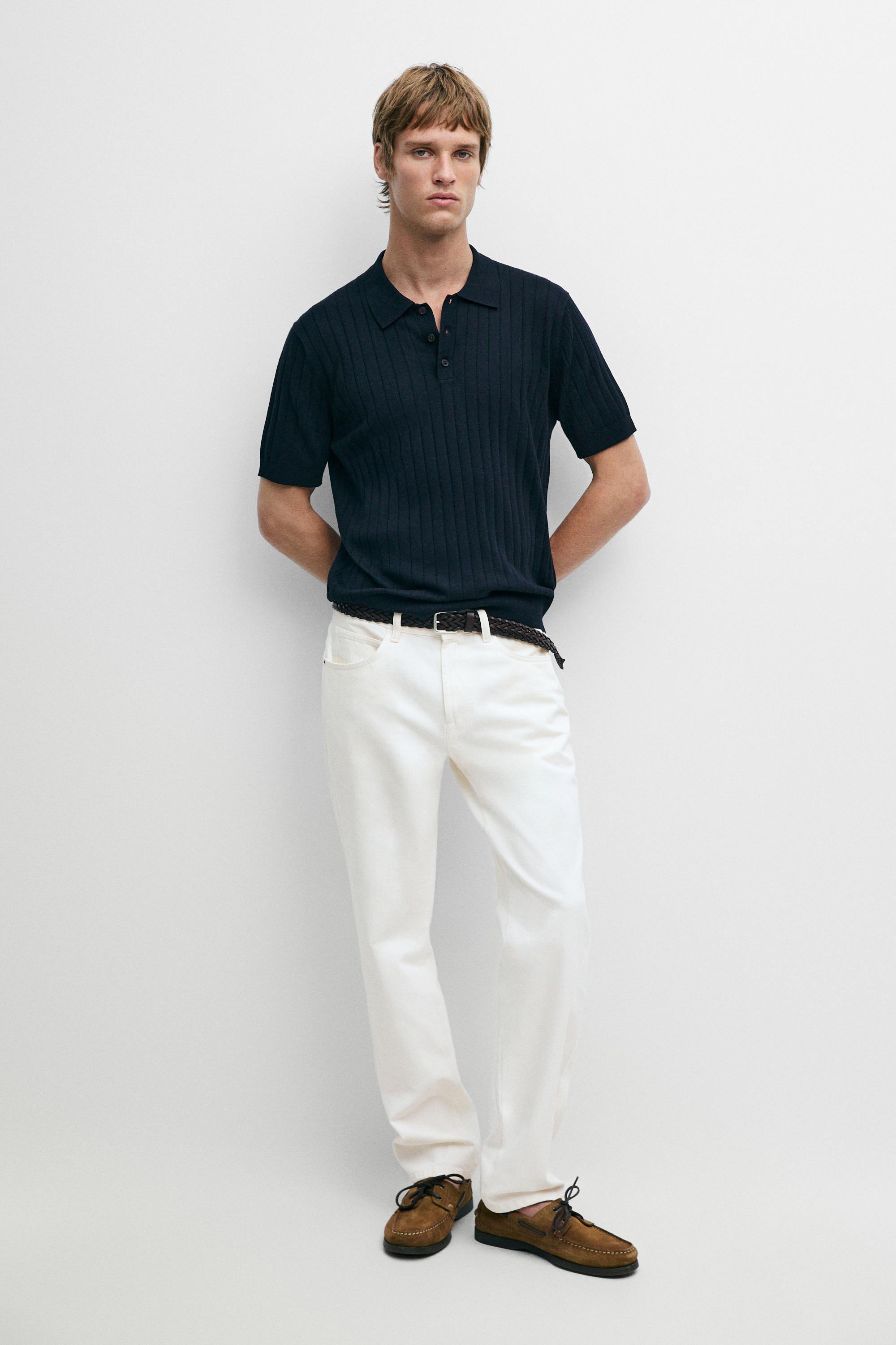 Ribbed knit cotton blend polo shirt