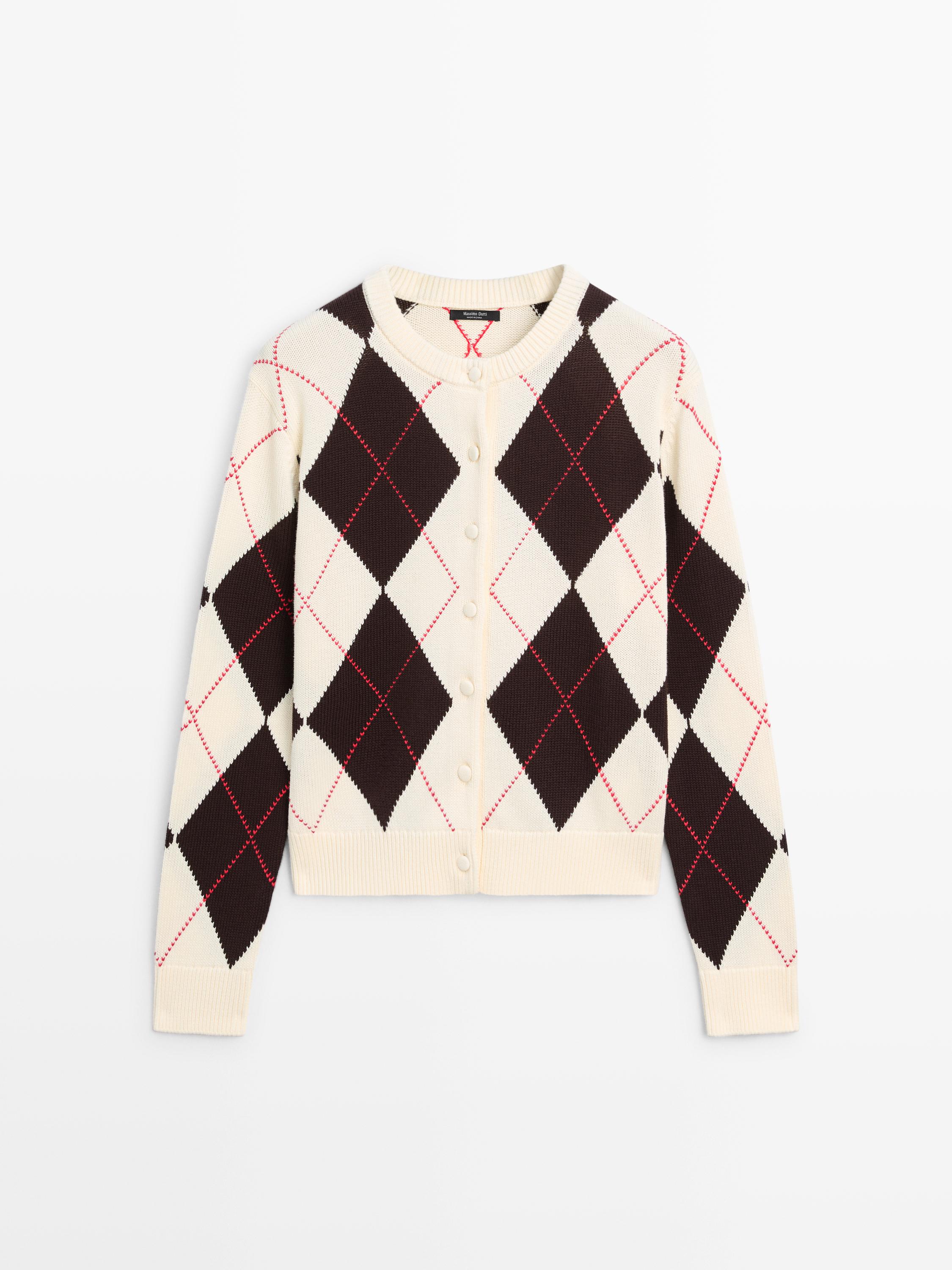 Cotton argyle knit cardigan