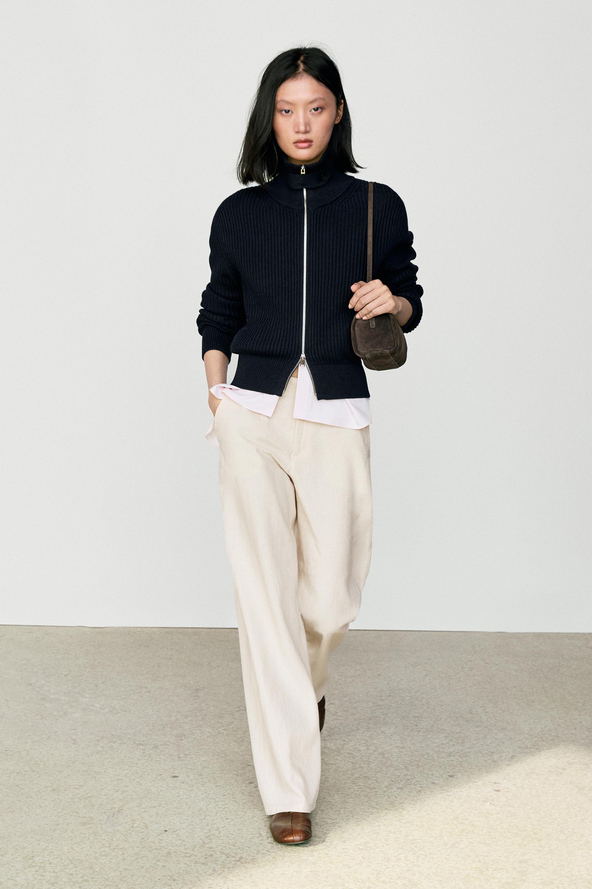 100% cotton knit cardigan with high neck detail
