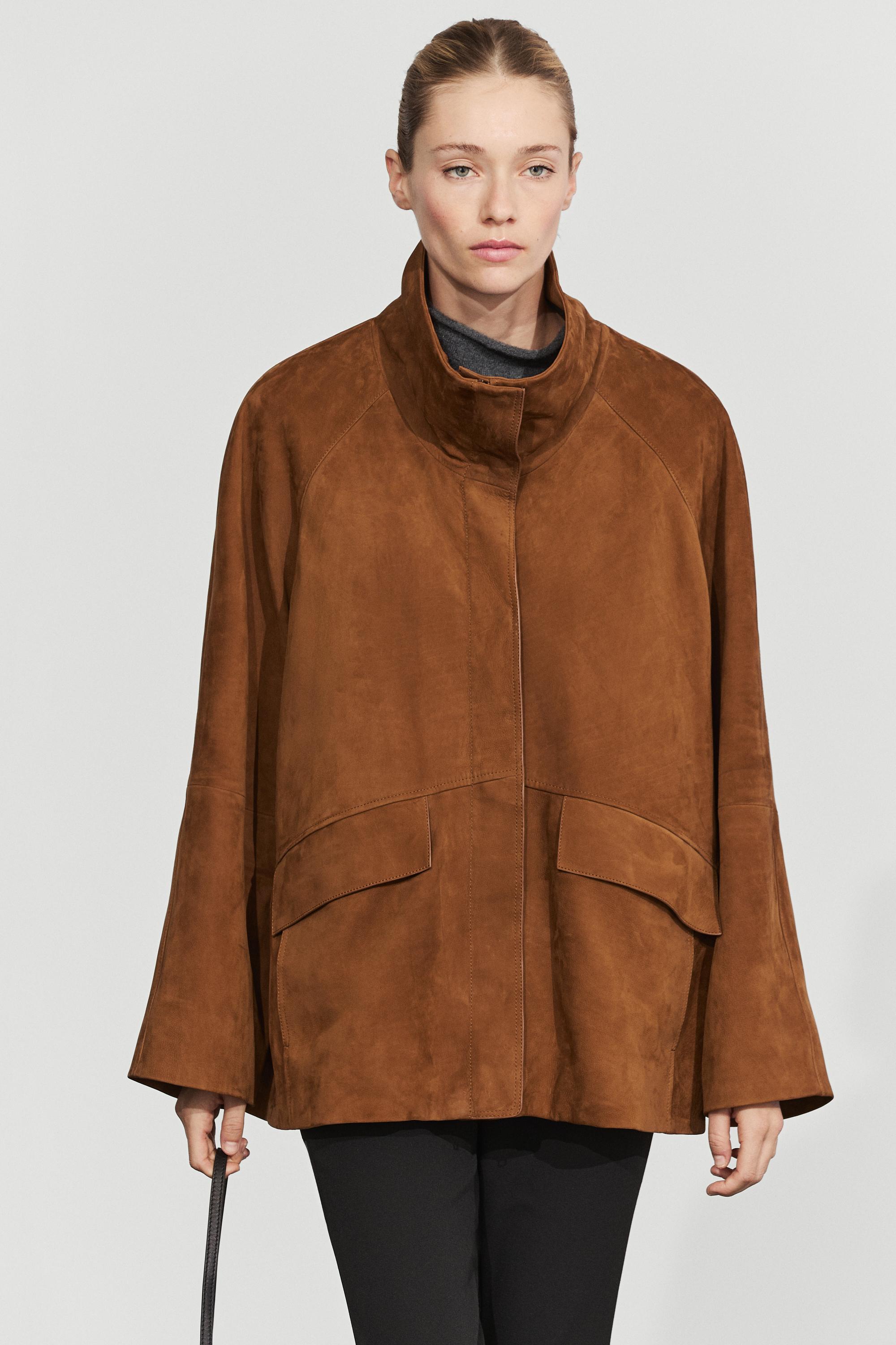 Nubuck leather high collar coat