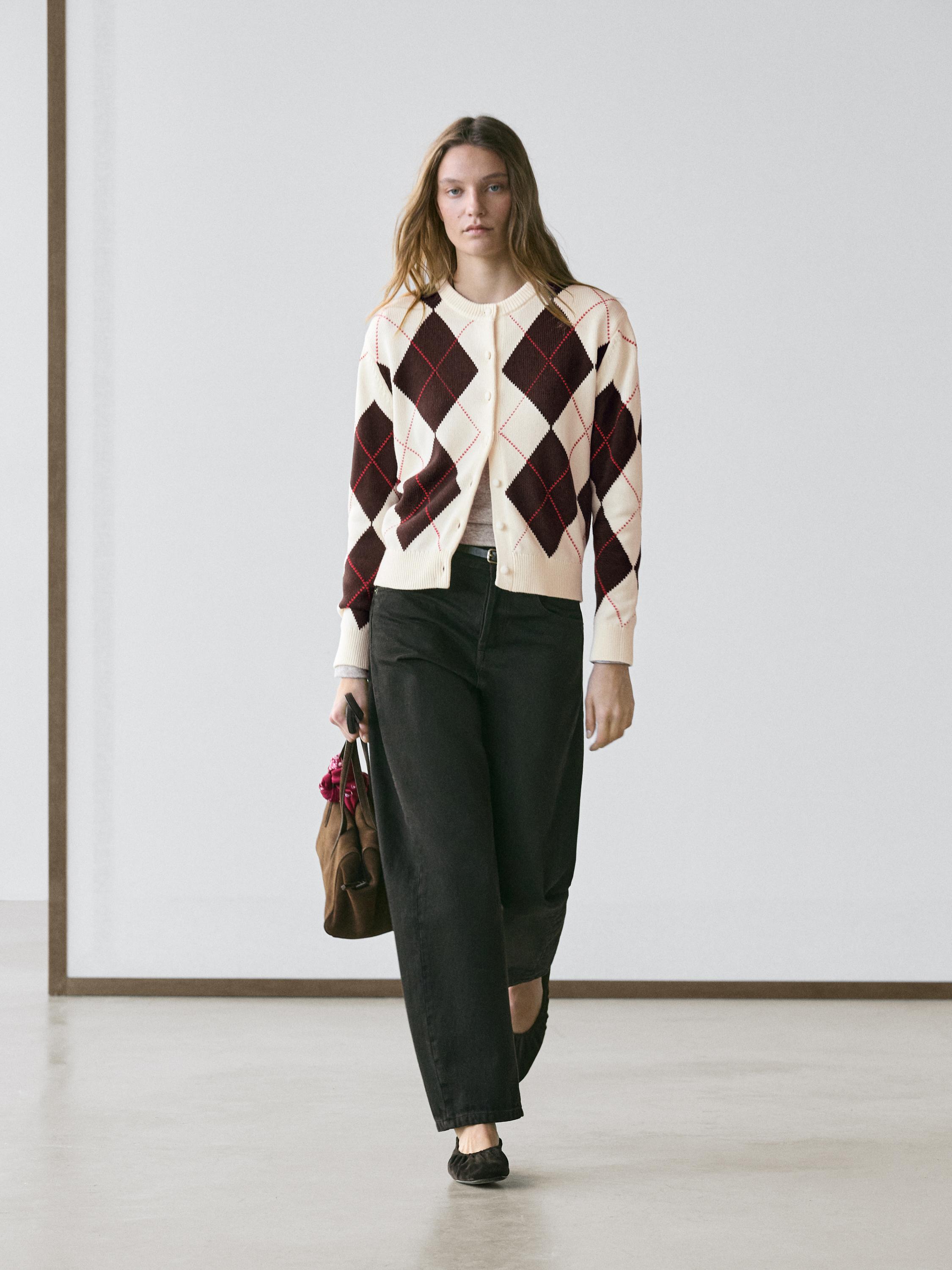 Cotton argyle knit cardigan