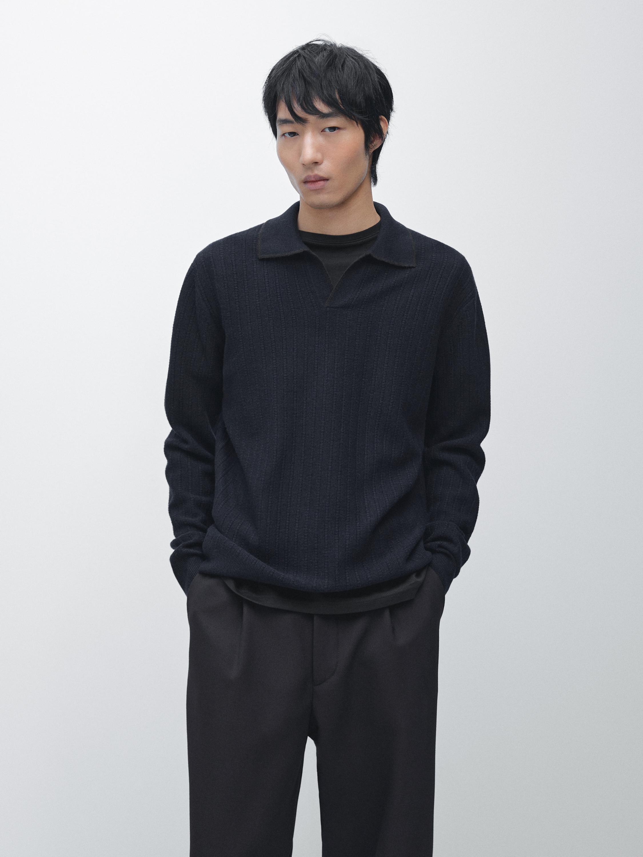Wool blend knit polo sweater
