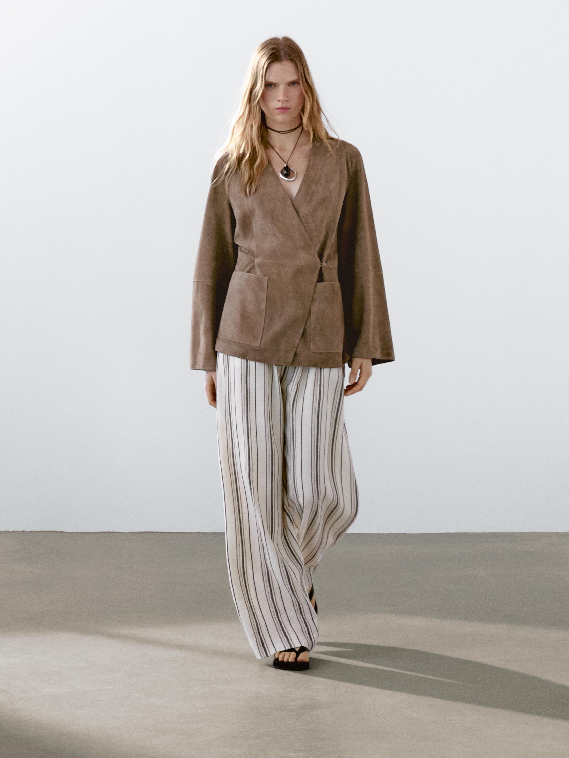 Crossover suede leather kimono