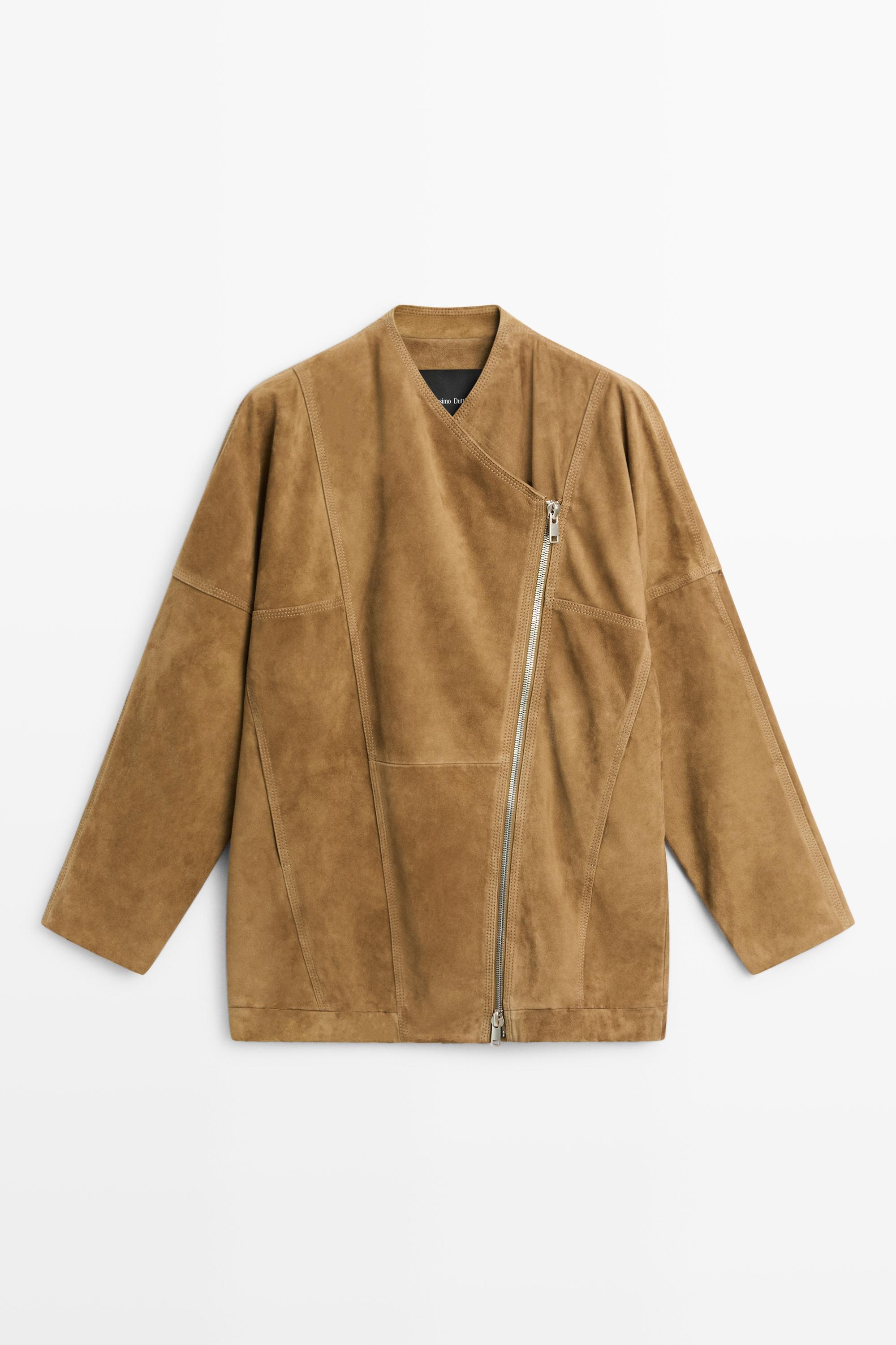 Asymmetrical suede leather zip-up jacket