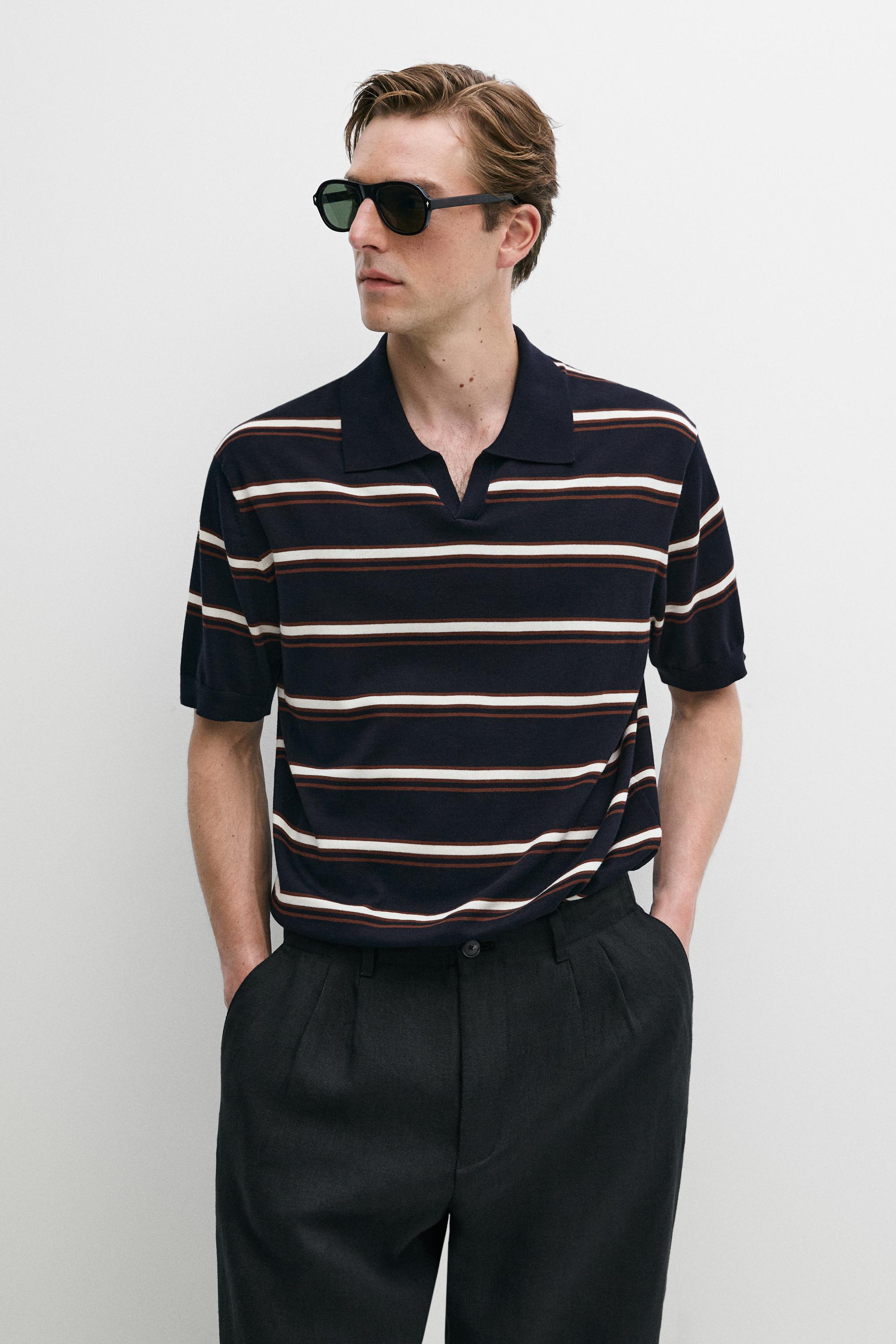 Striped V-neck knit polo shirt