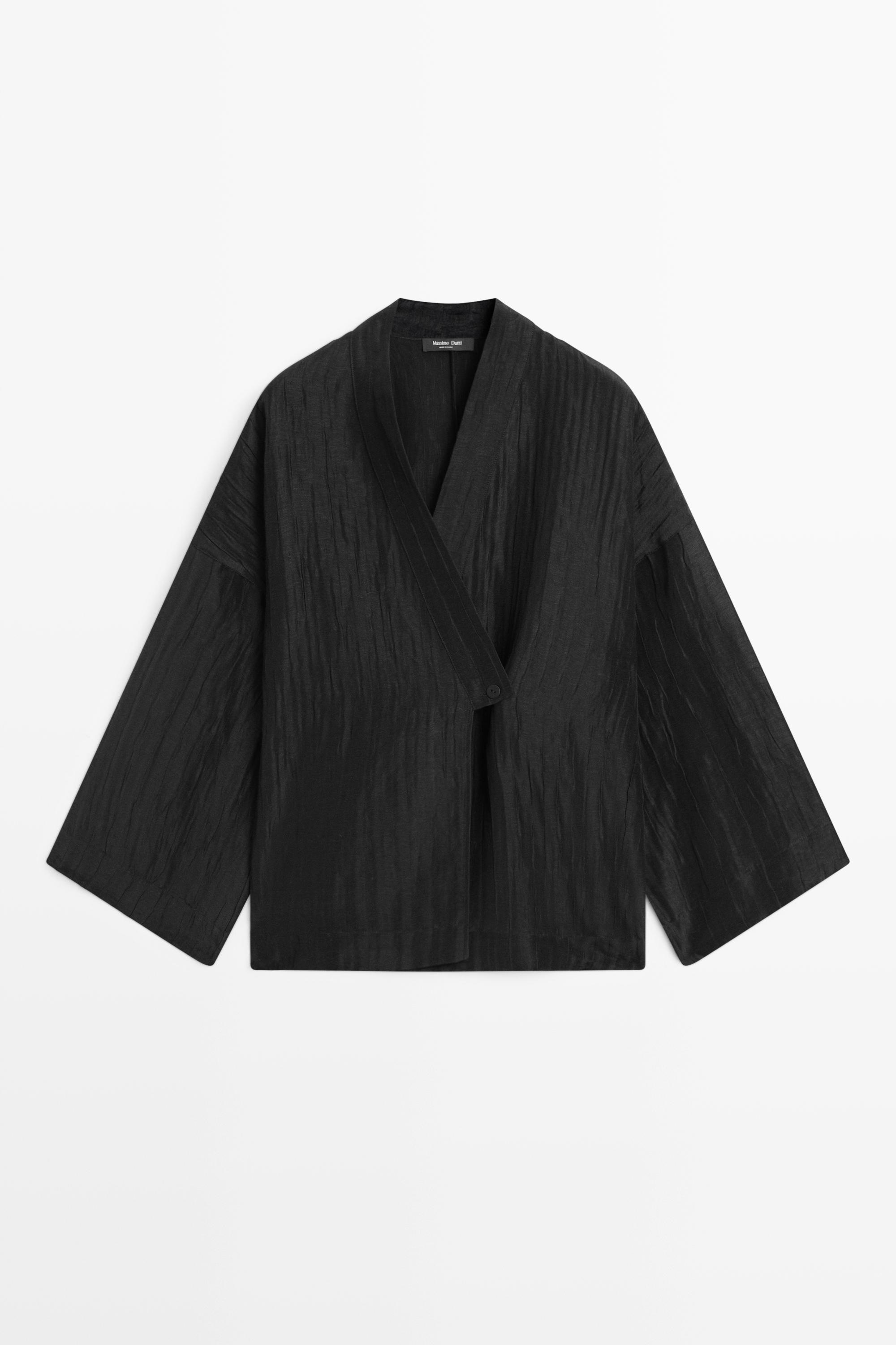 Textured linen blend V-neck kimono