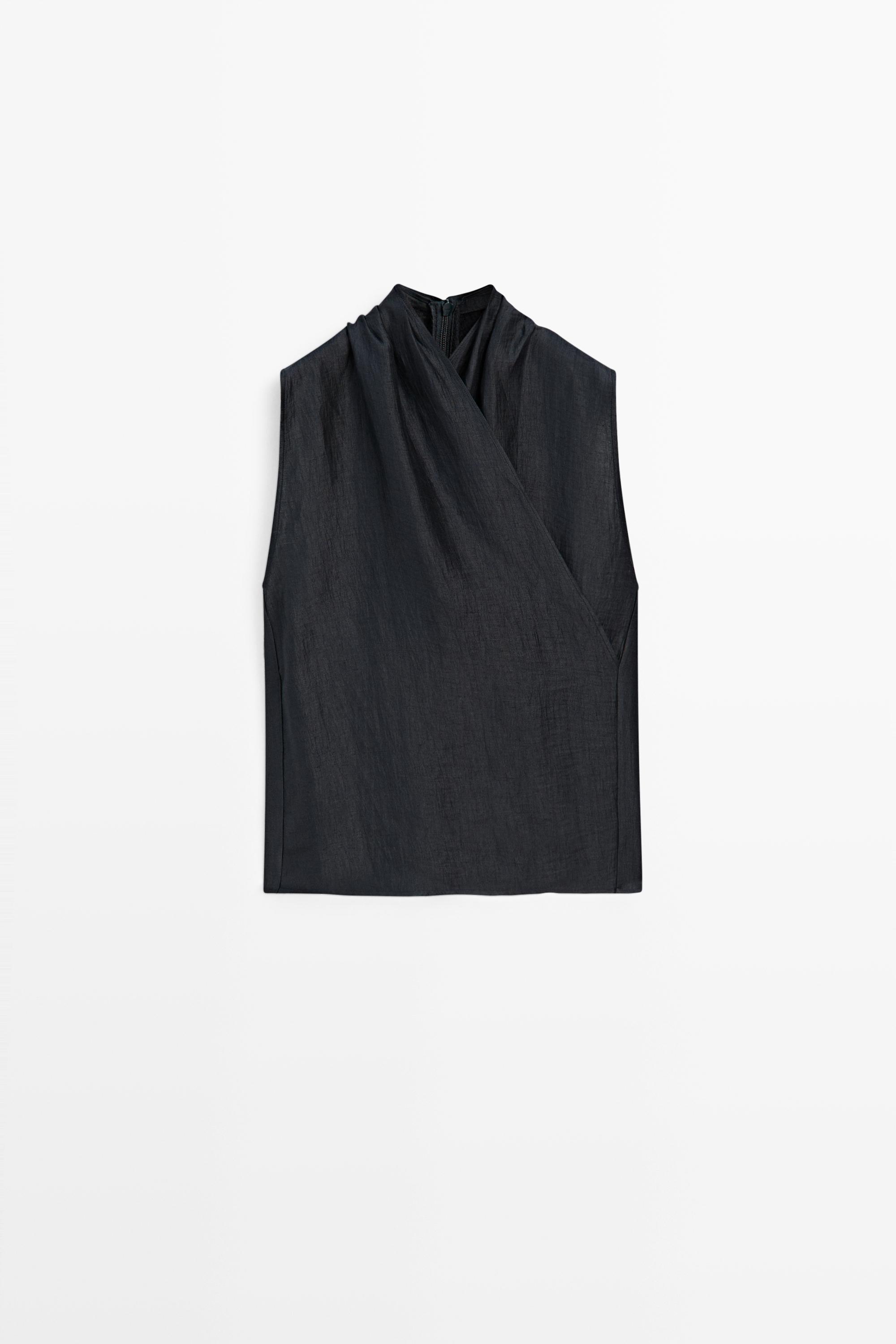 Linen blend sleeveless crossover top