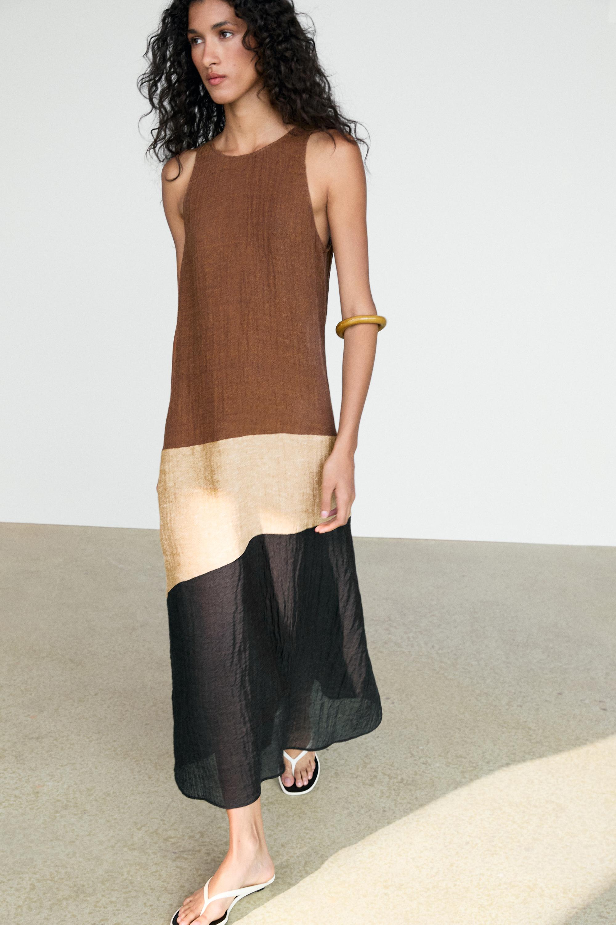 Combined linen blend midi dress