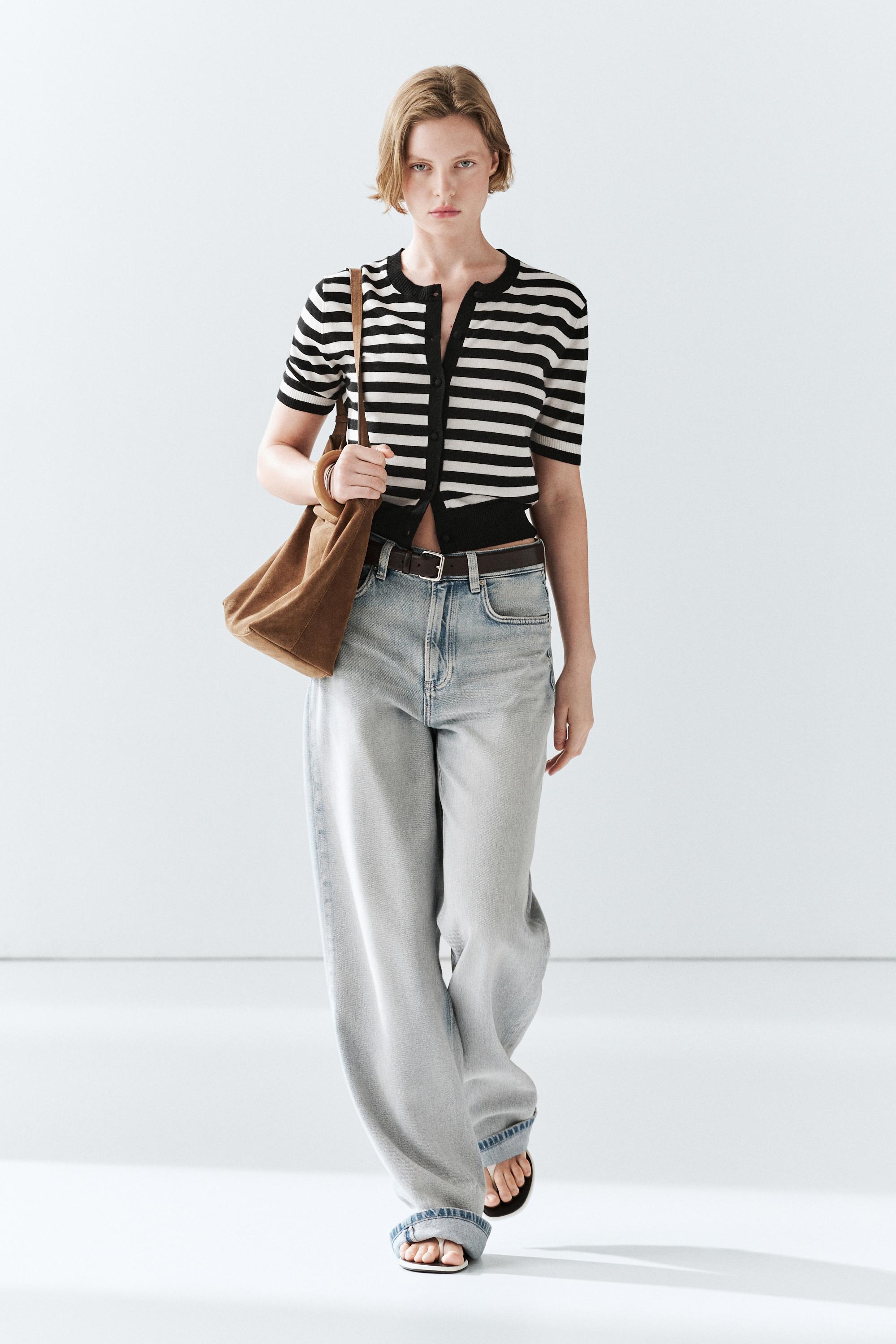 Striped short sleeve knit cardigan