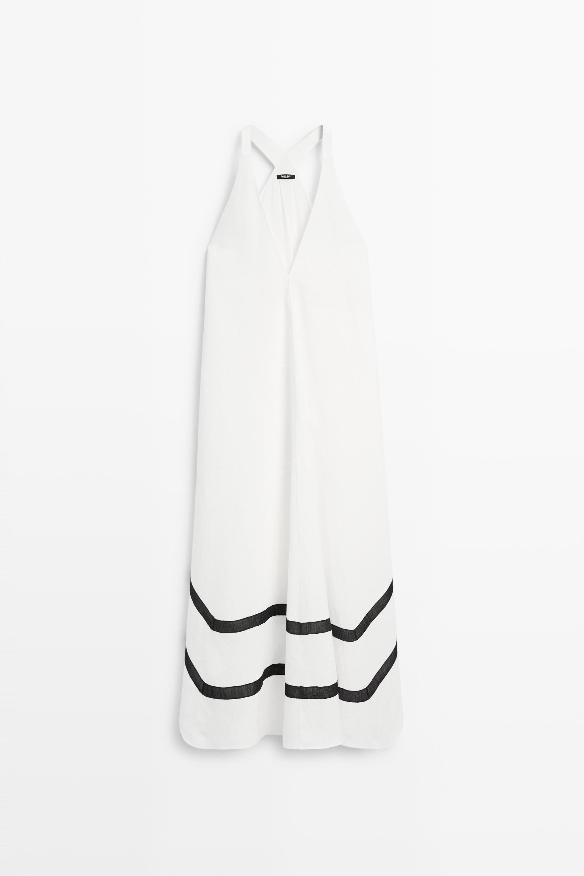 Linen blend midi dress with contrast stripe detail