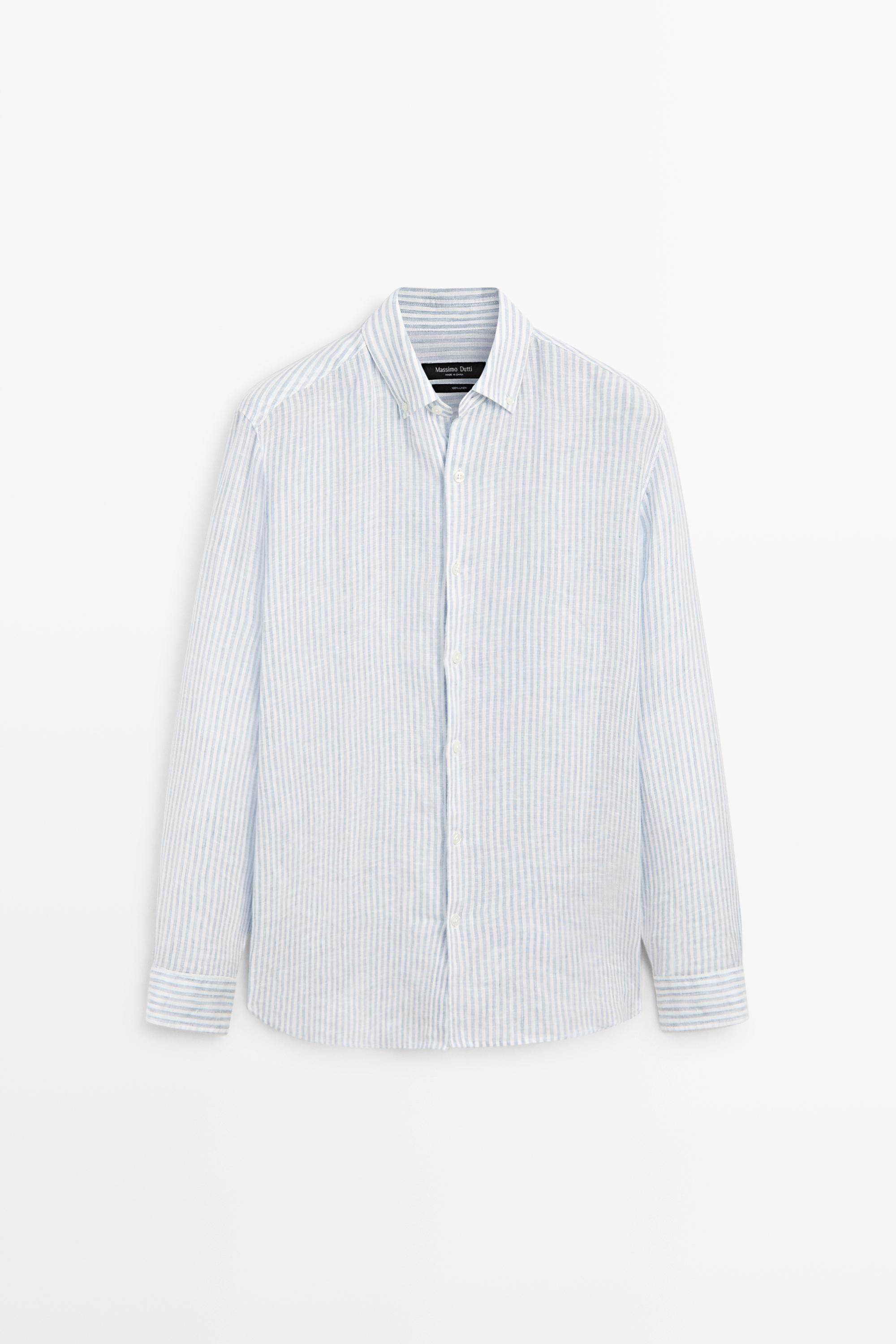 100% linen regular fit striped shirt