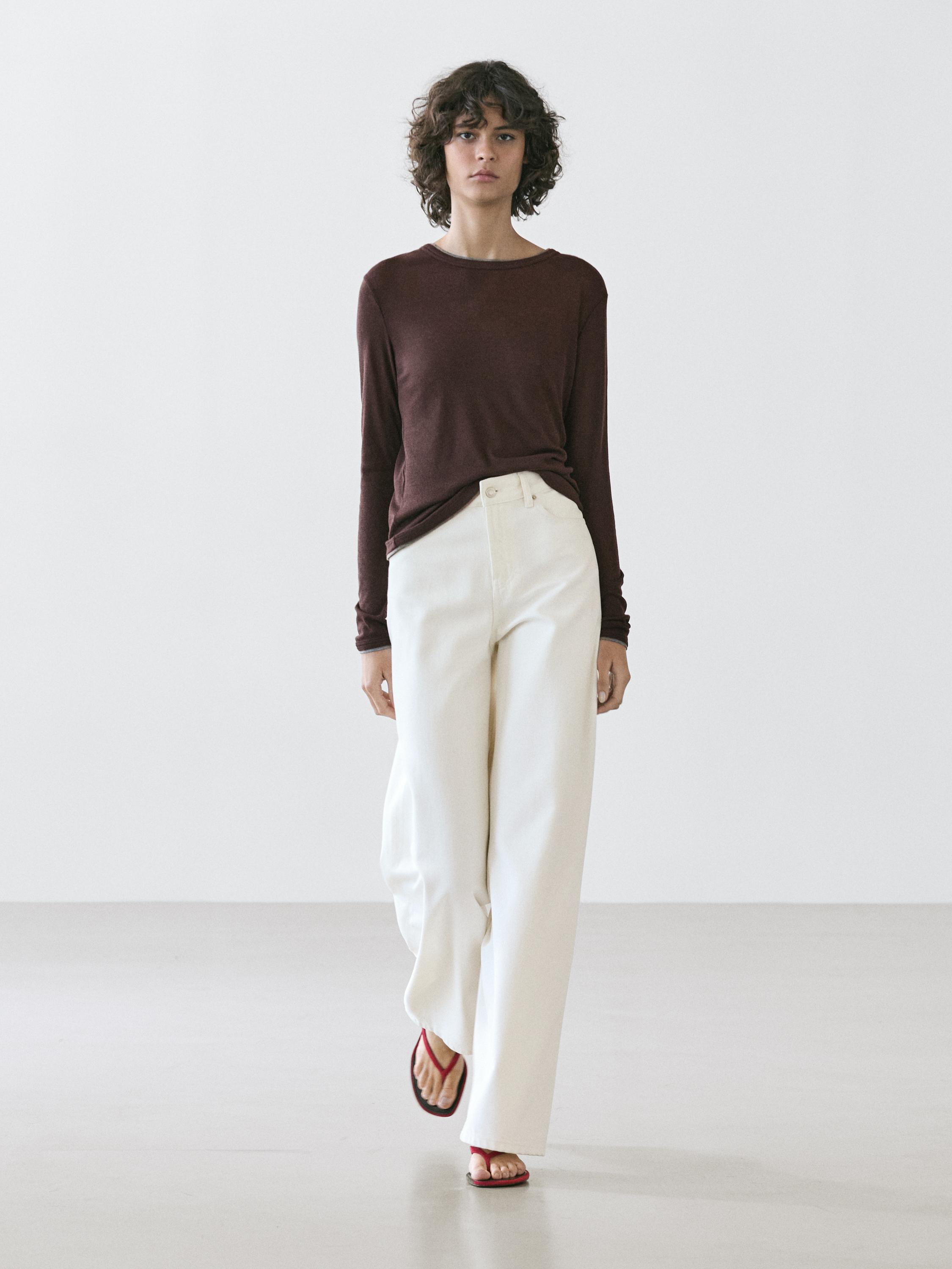 Long sleeve T-shirt with double layer trim