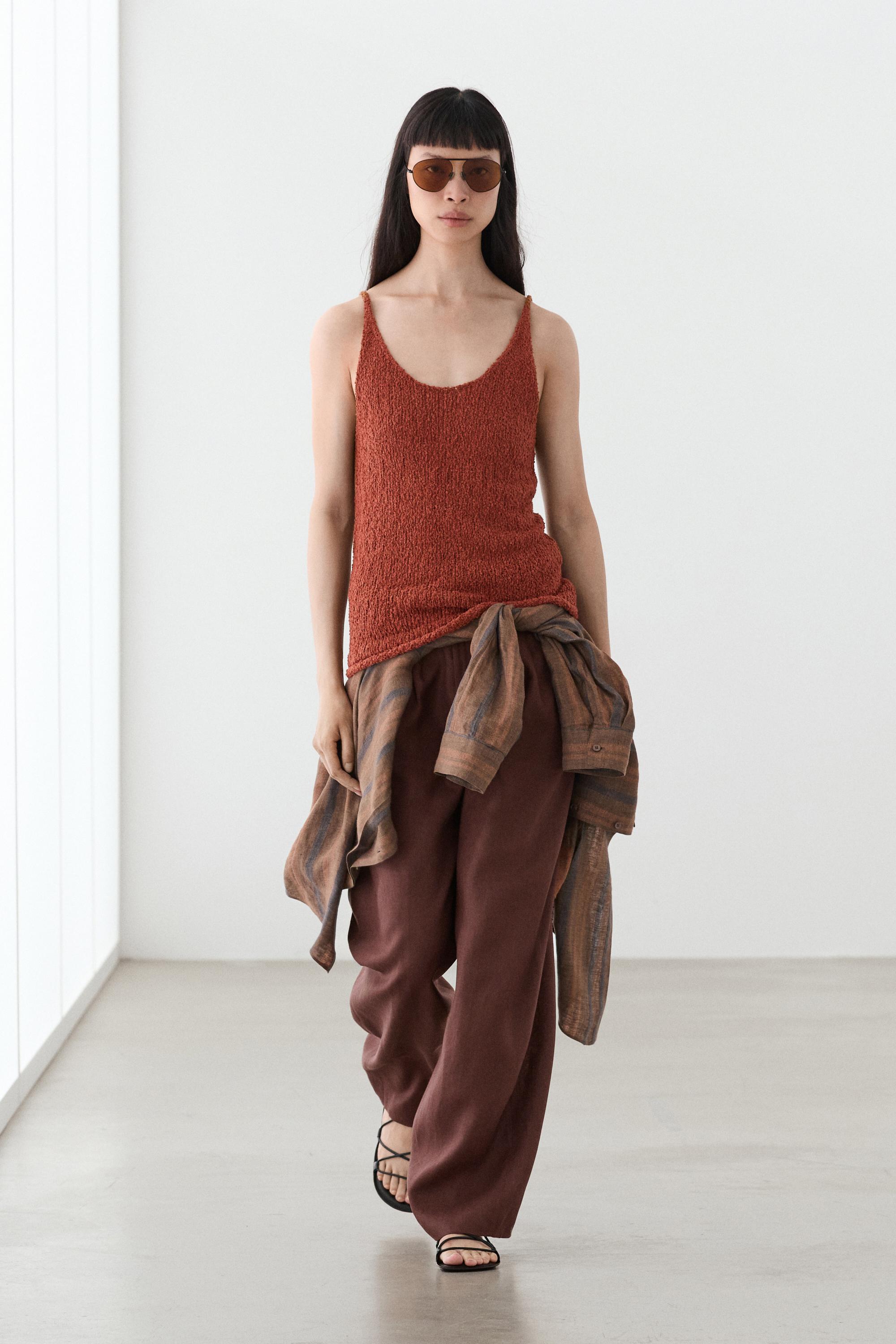 Textured cotton blend strappy top