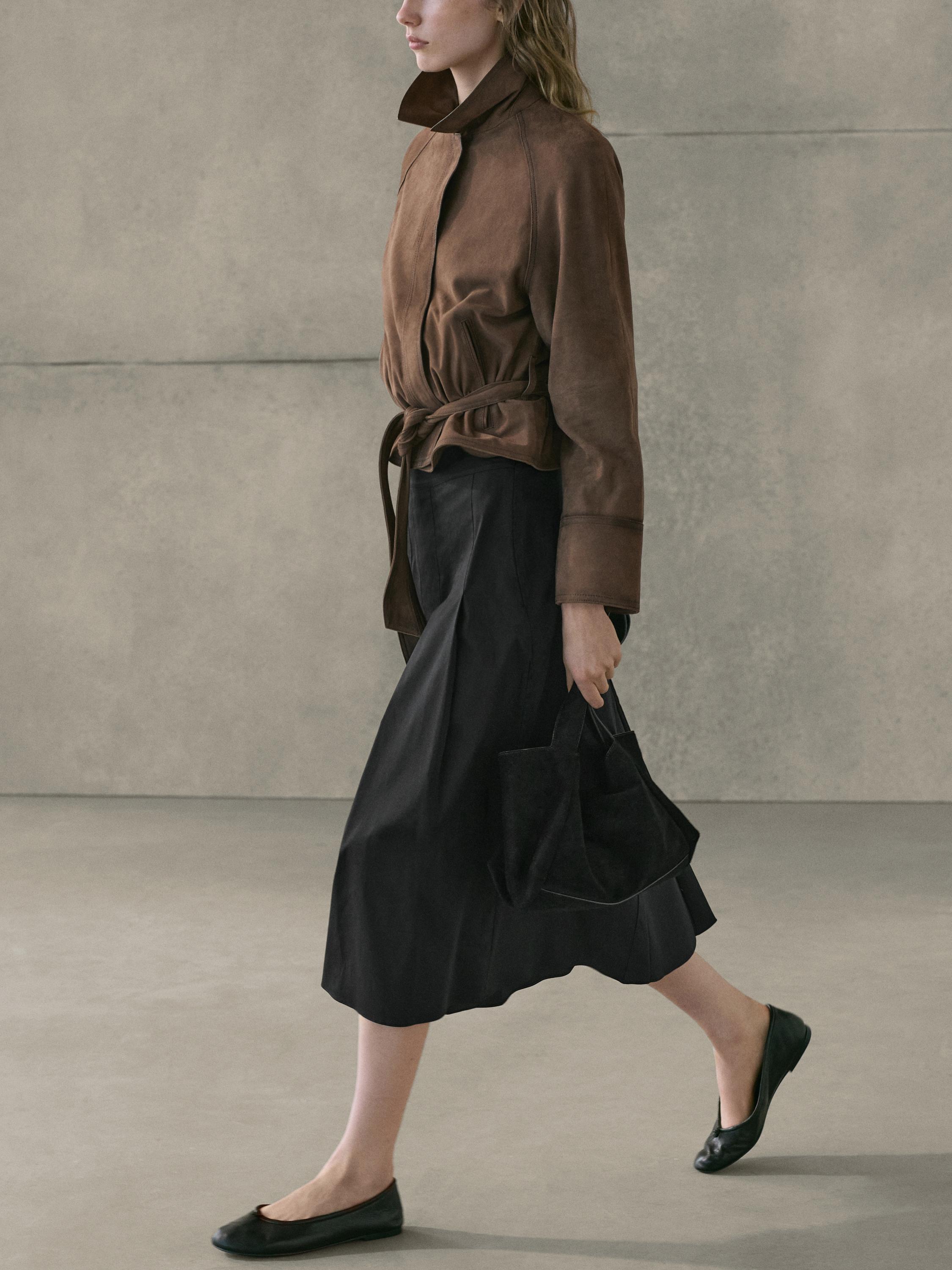 Cotton blend box pleat midi skirt