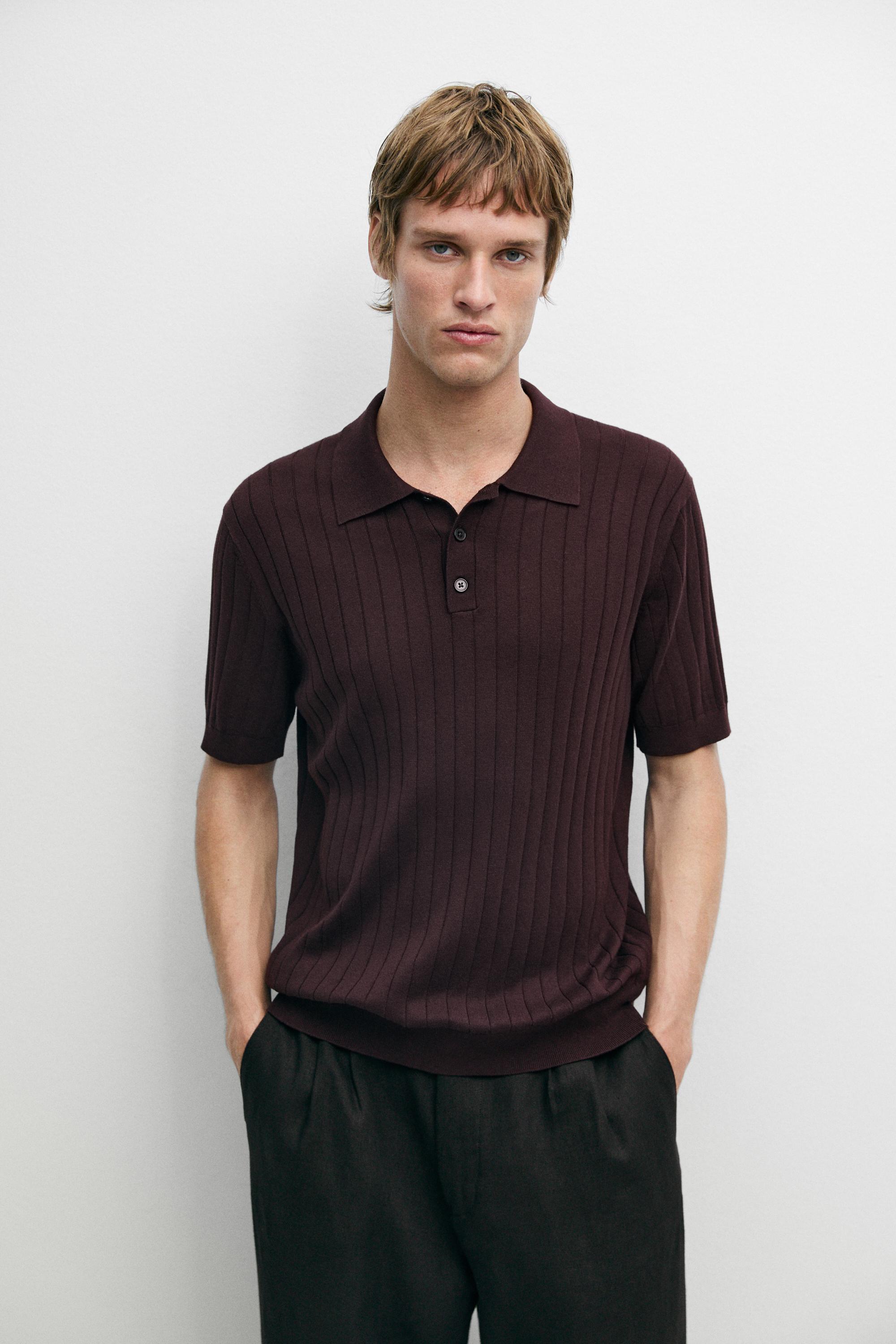 Ribbed knit cotton blend polo shirt