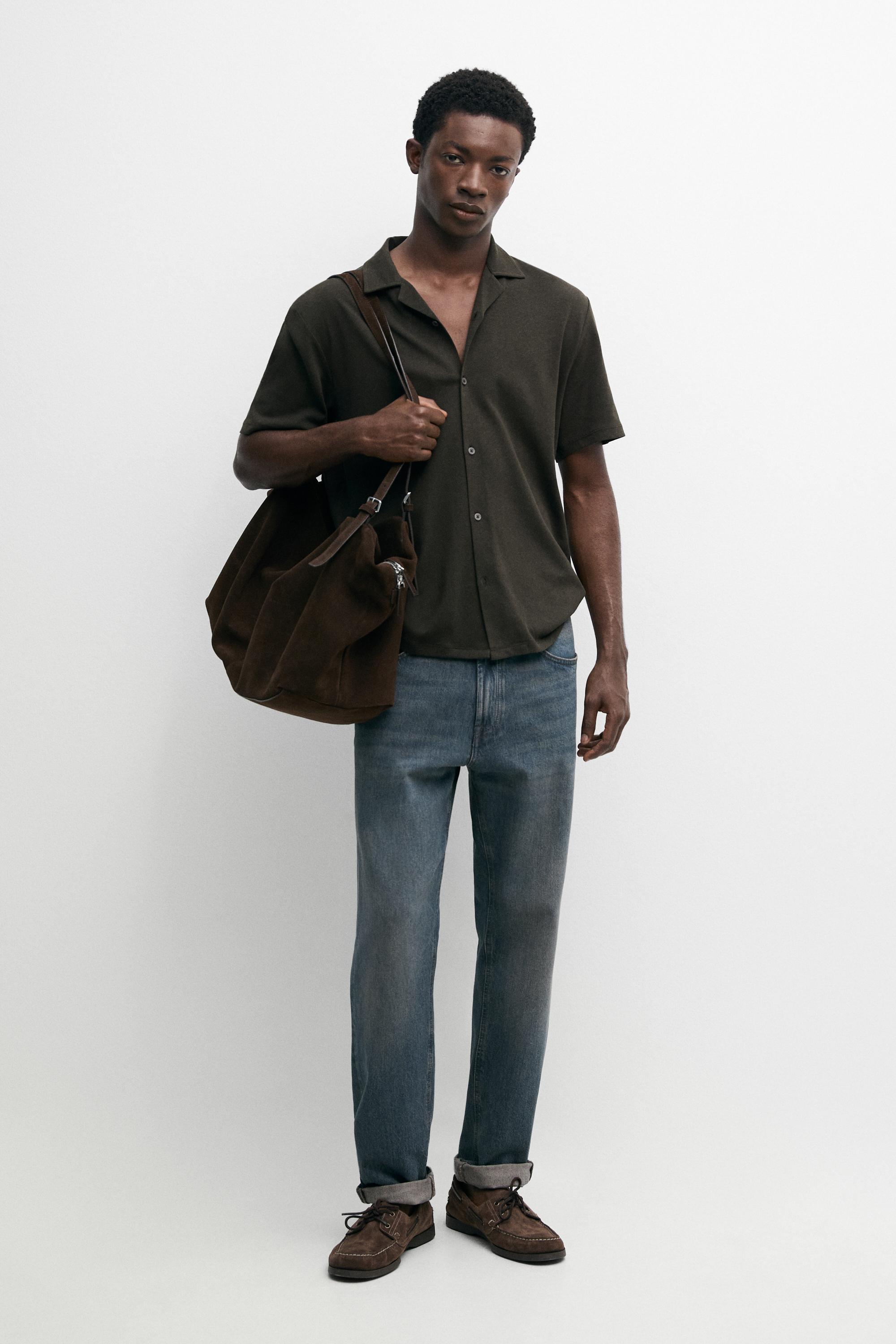 Regular fit short sleeve linen-cotton blend shirt