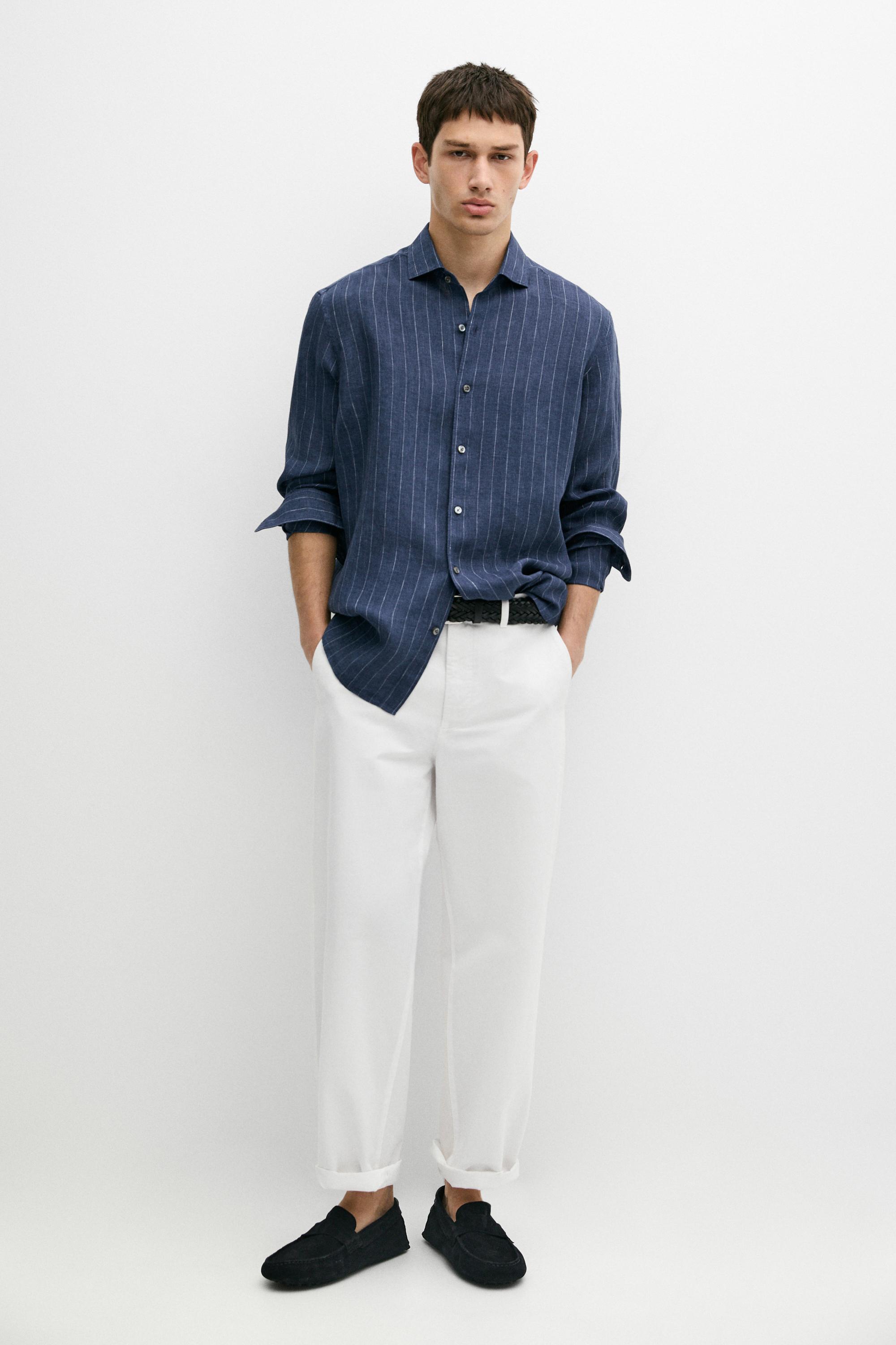 Regular fit striped delave 100% linen shirt