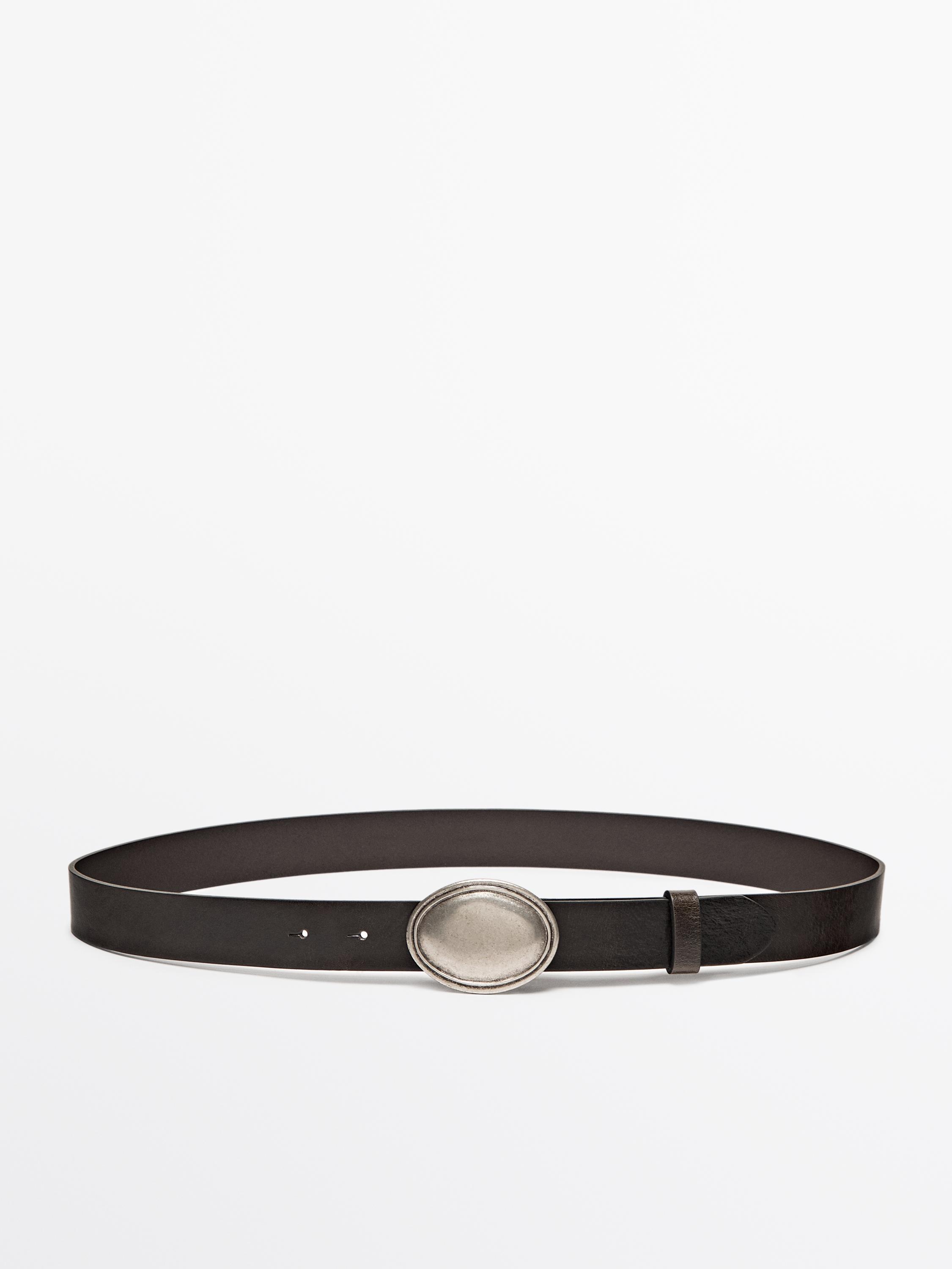 Leather belt with oval plate buckle