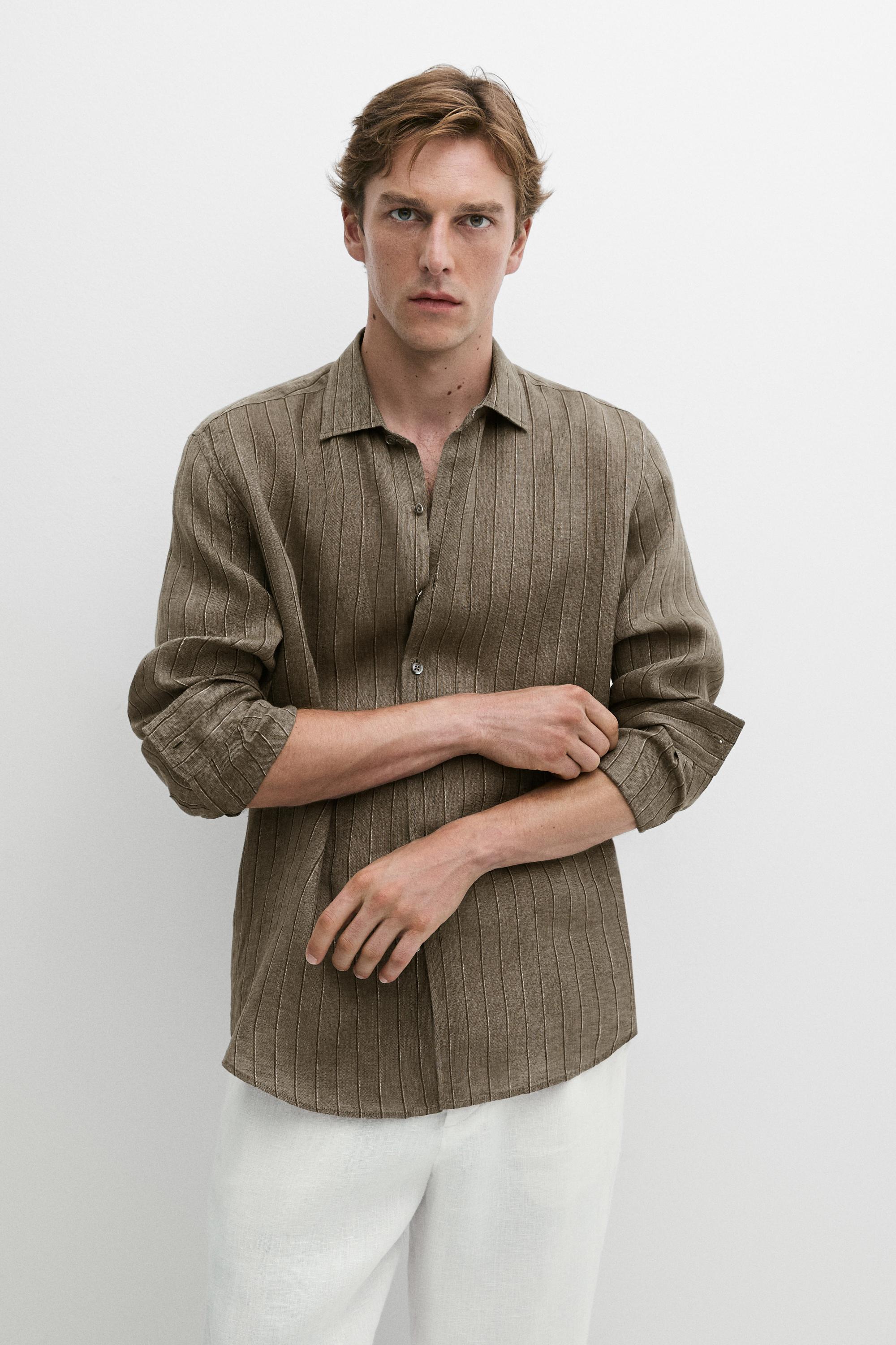 100% linen regular fit striped shirt