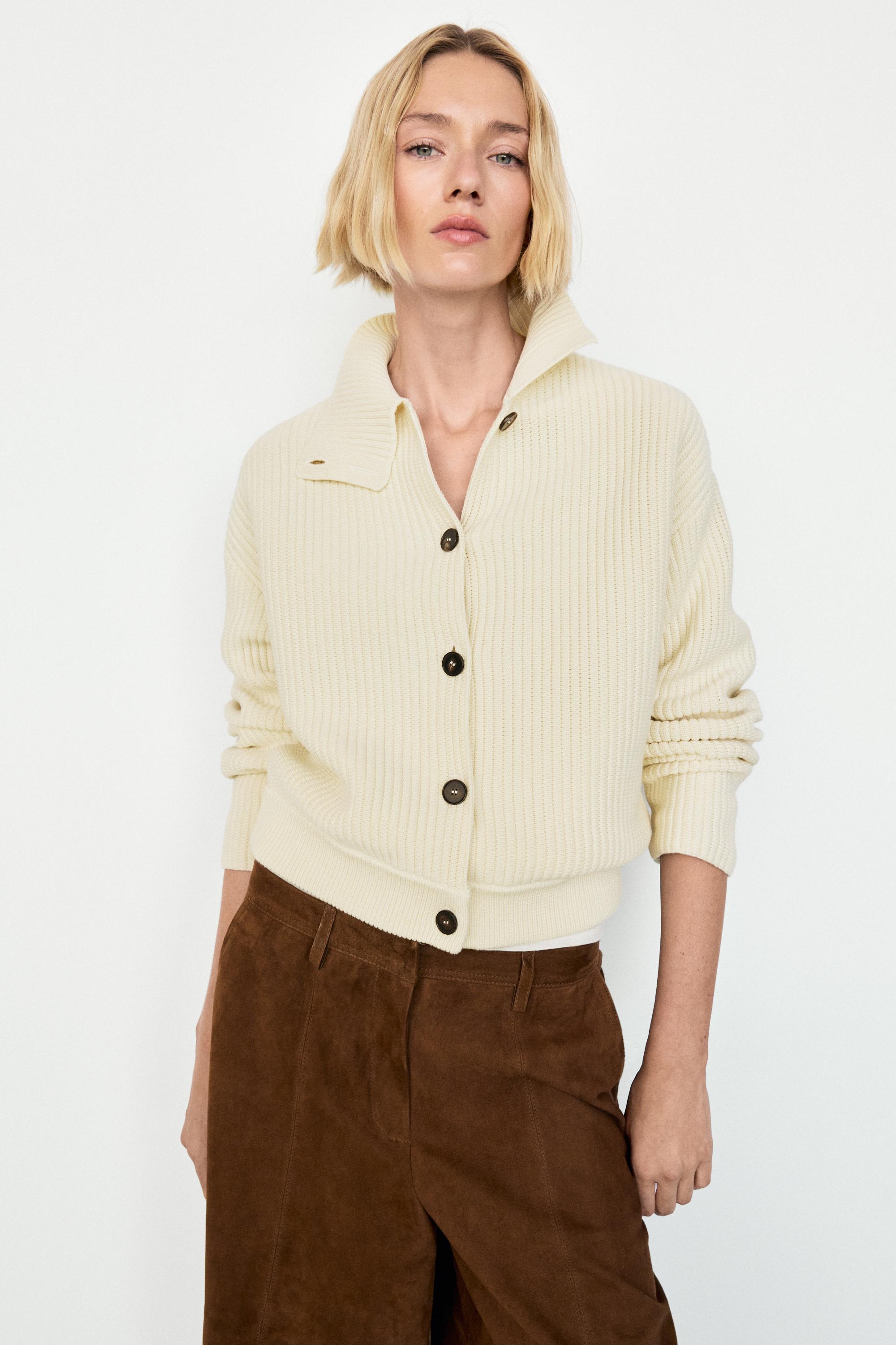 Cotton high neck knit cardigan