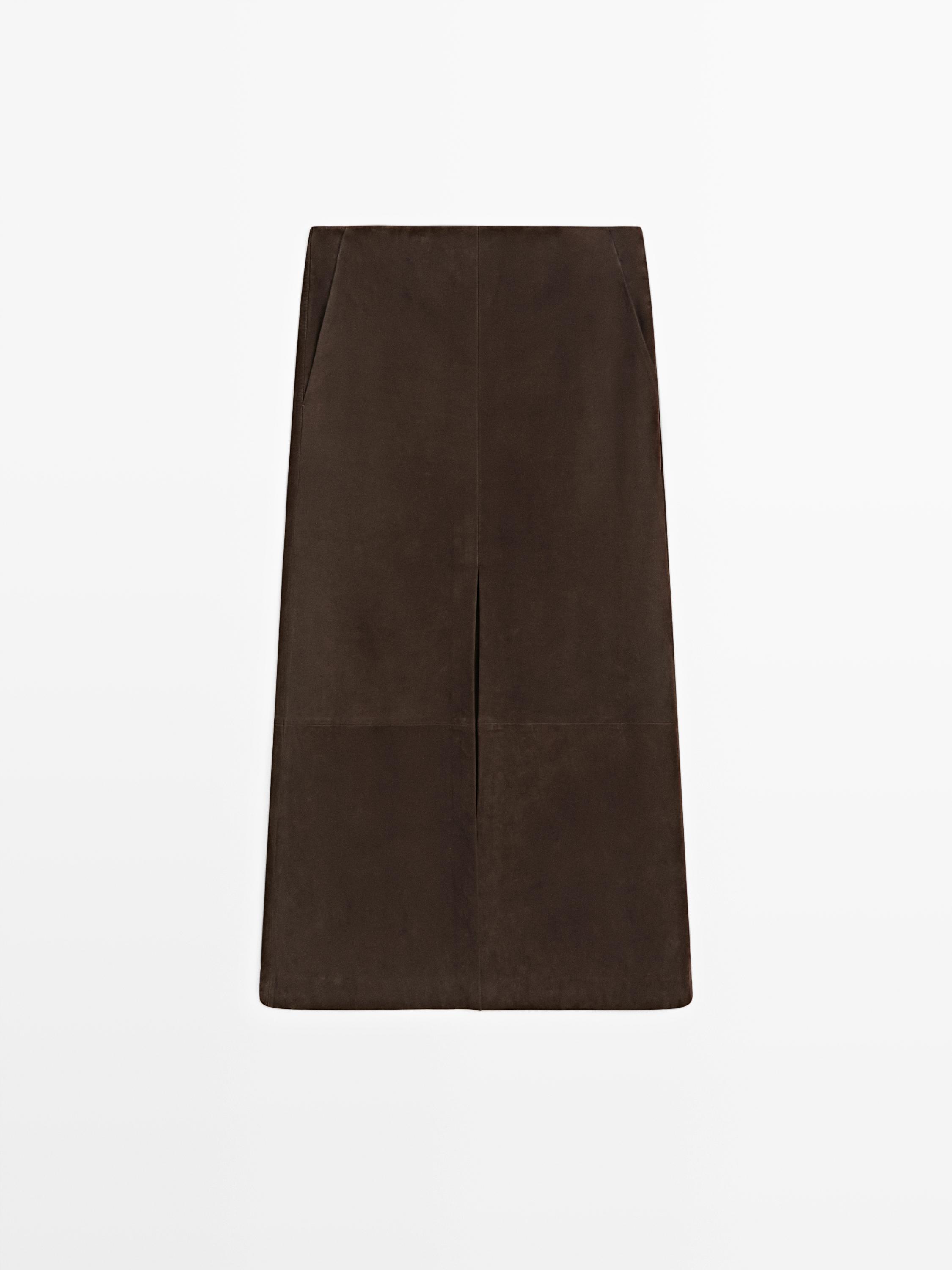 Straight nubuck leather midi skirt