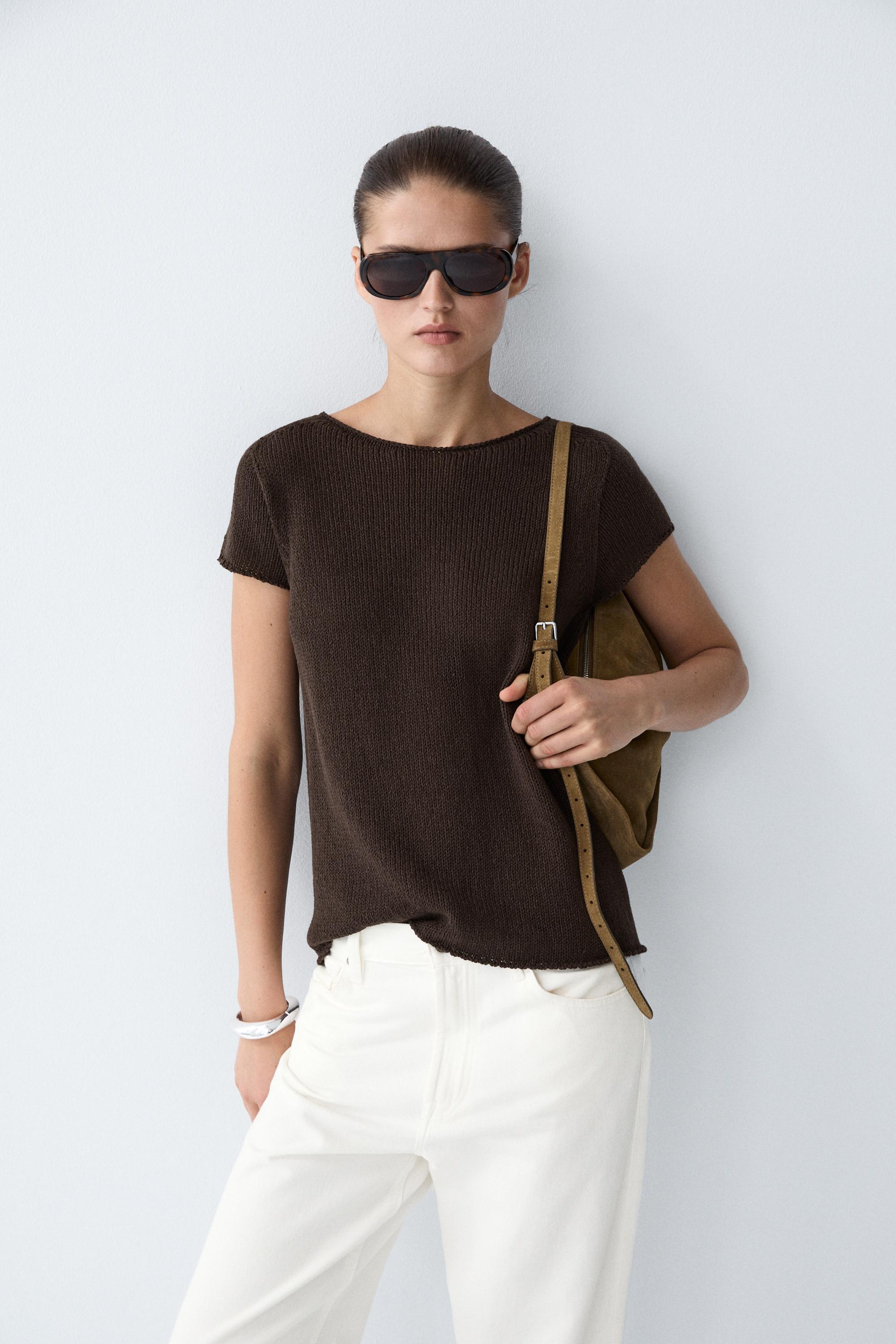 Cotton blend short sleeve knit sweater