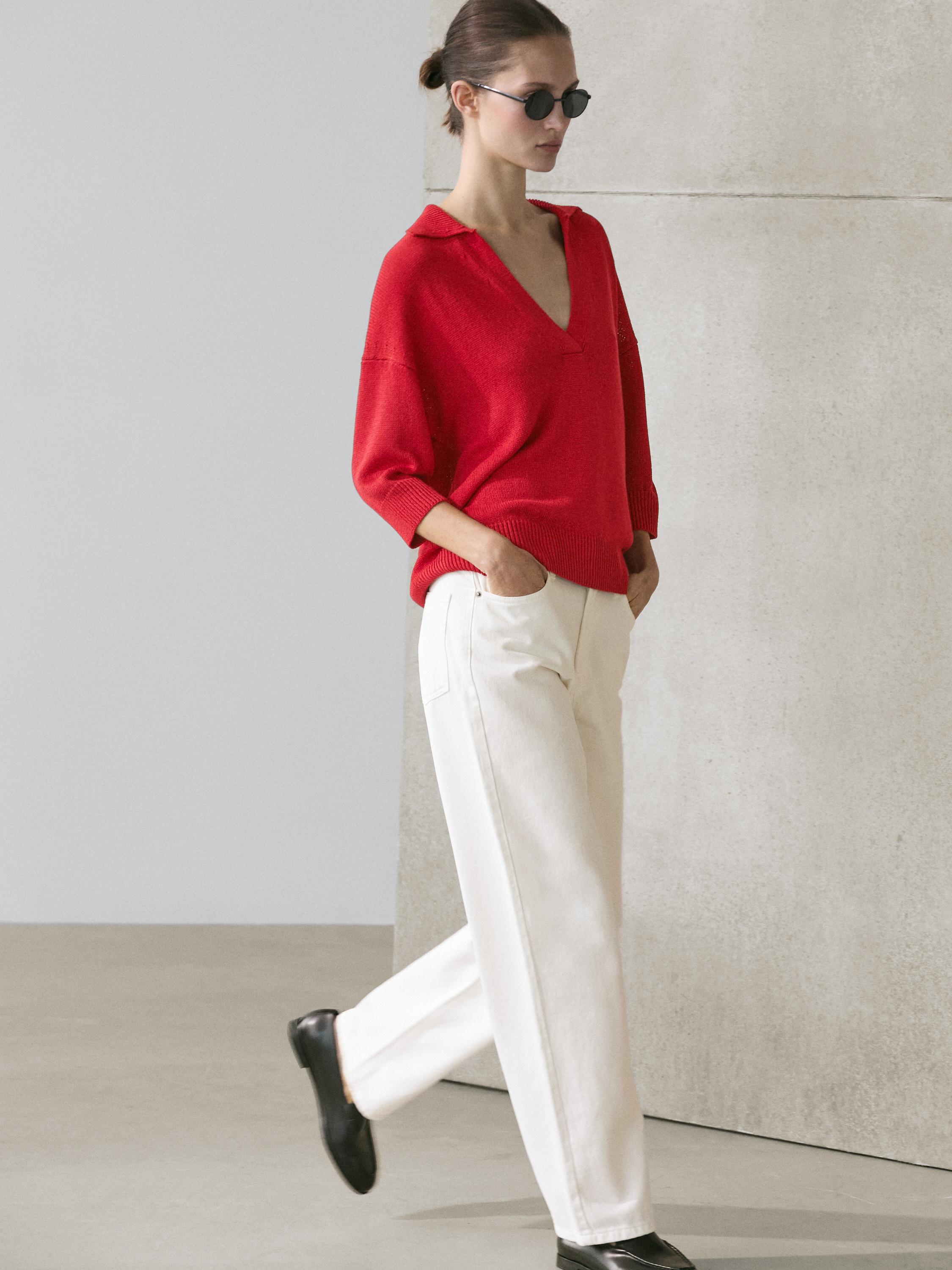 Flowing knit polo sweater