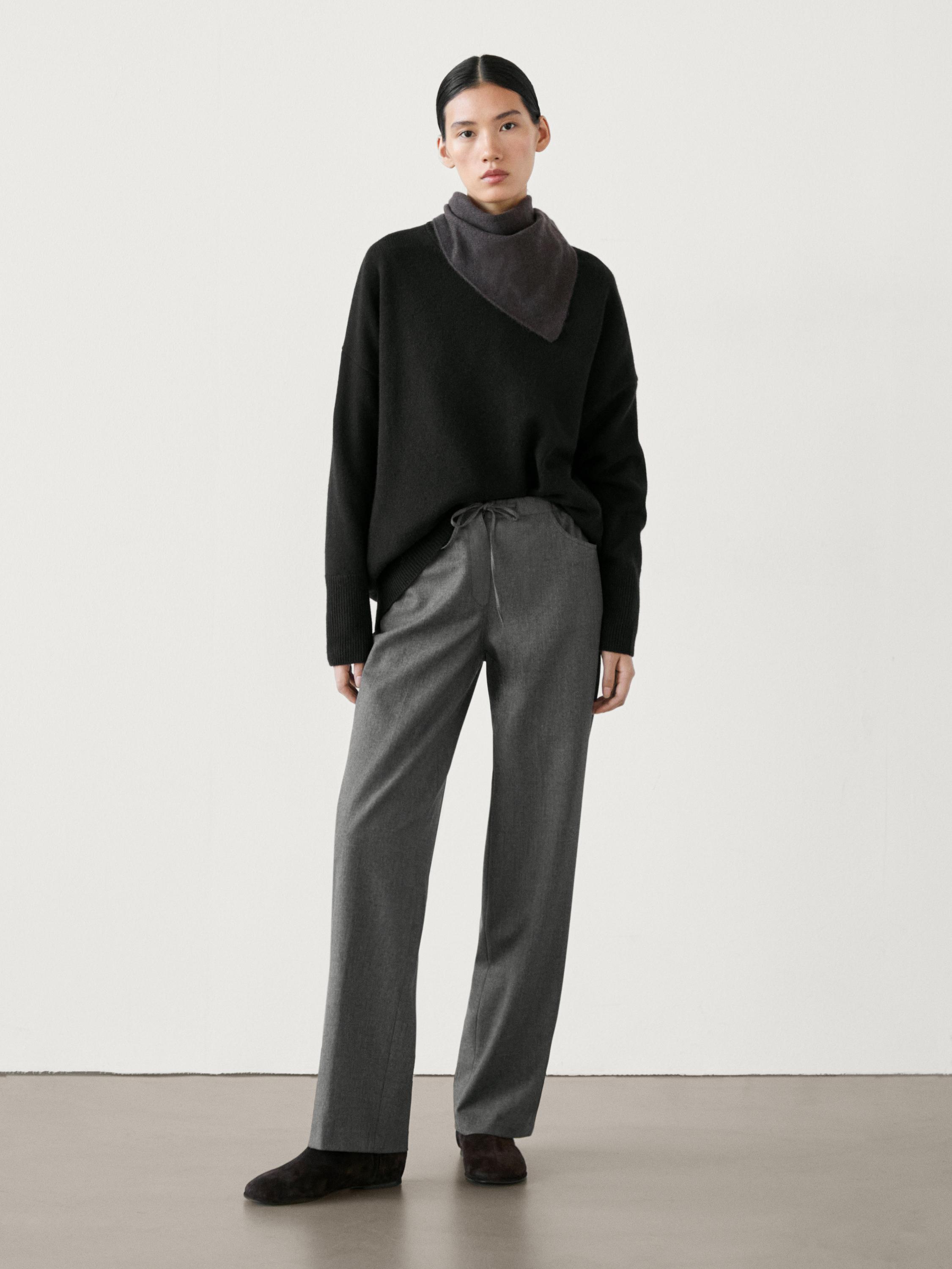 Straight flannel trousers with tie detail