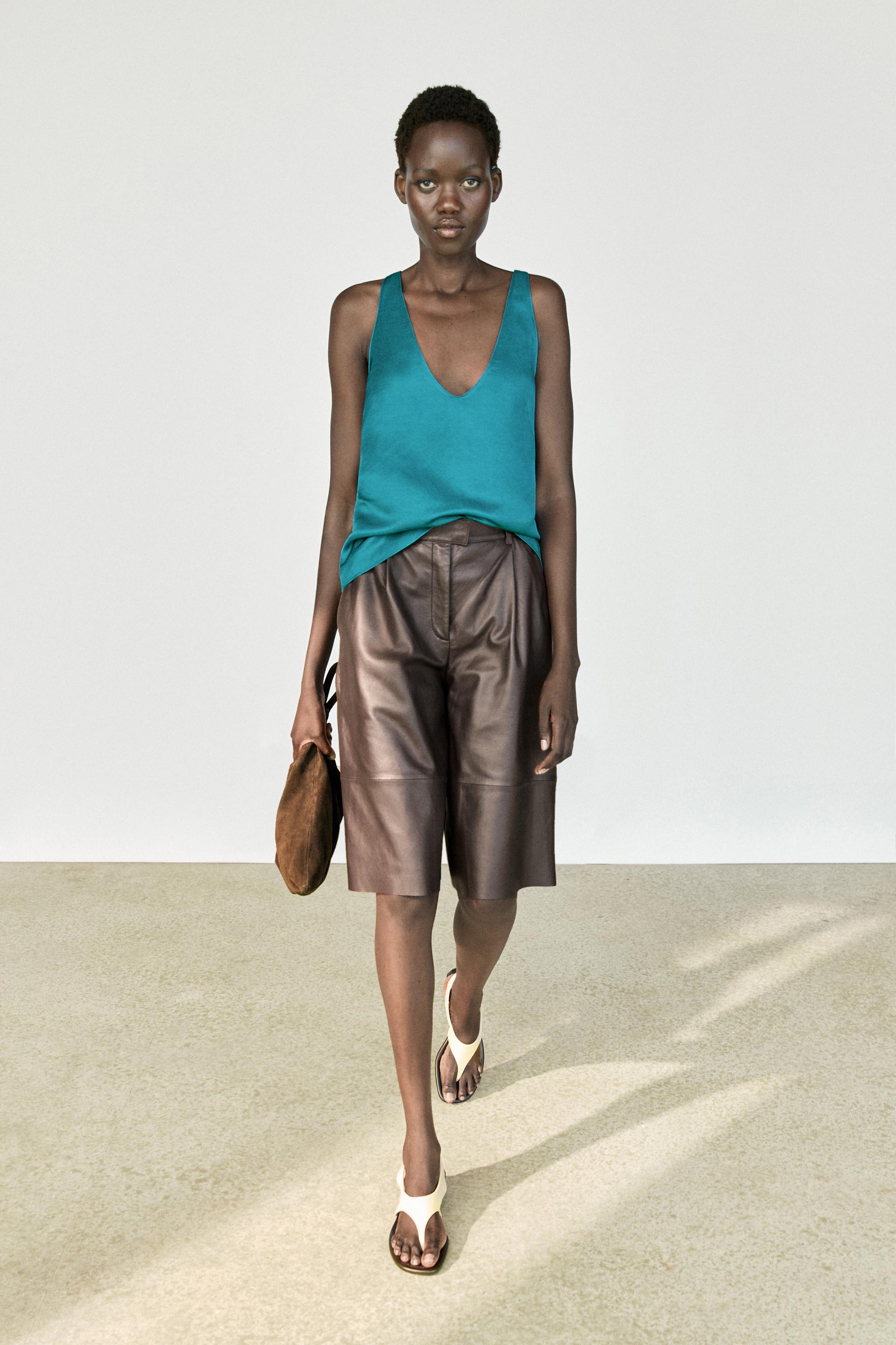 Satin linen blend V-neck top