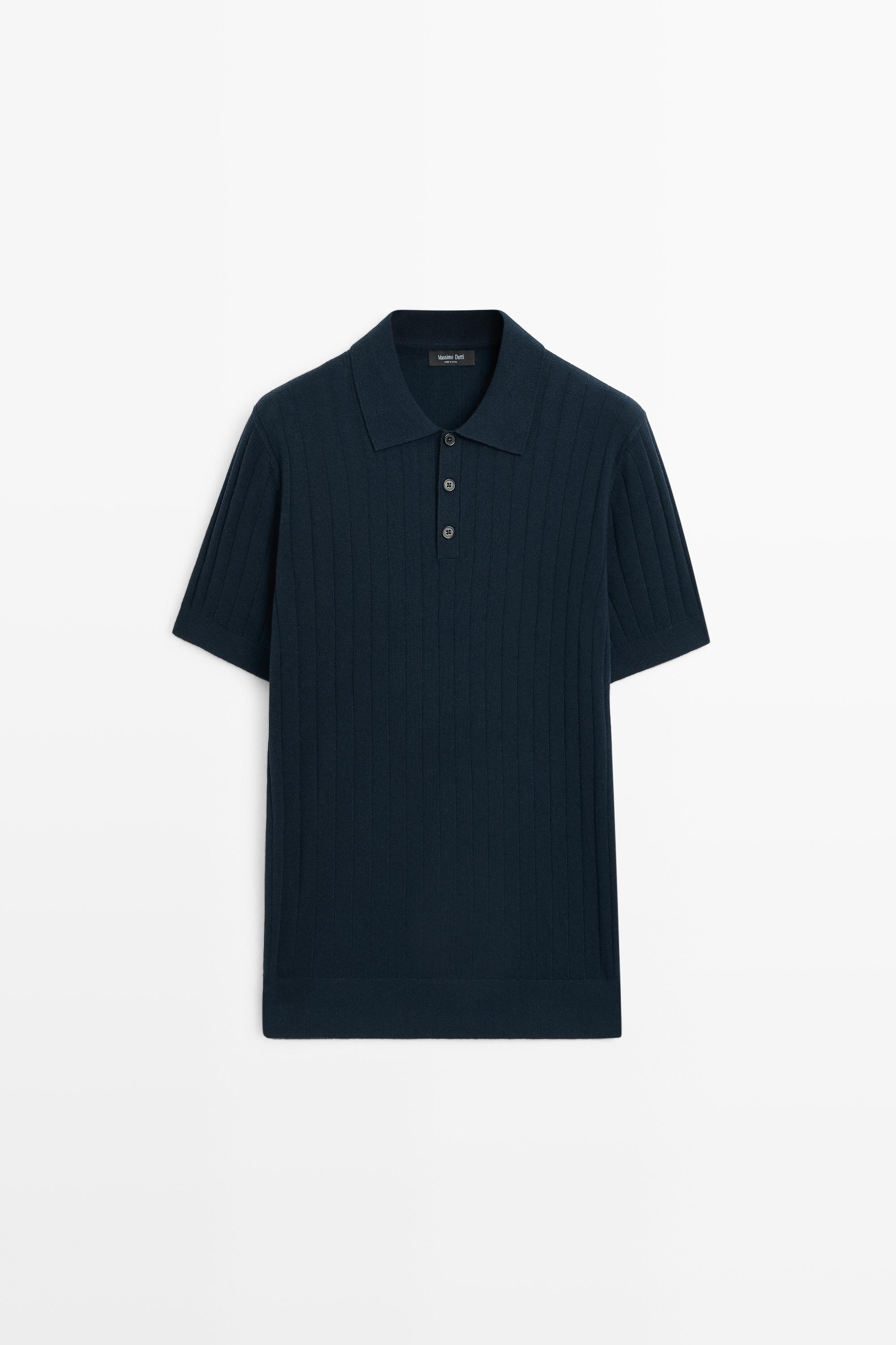Ribbed knit cotton blend polo shirt