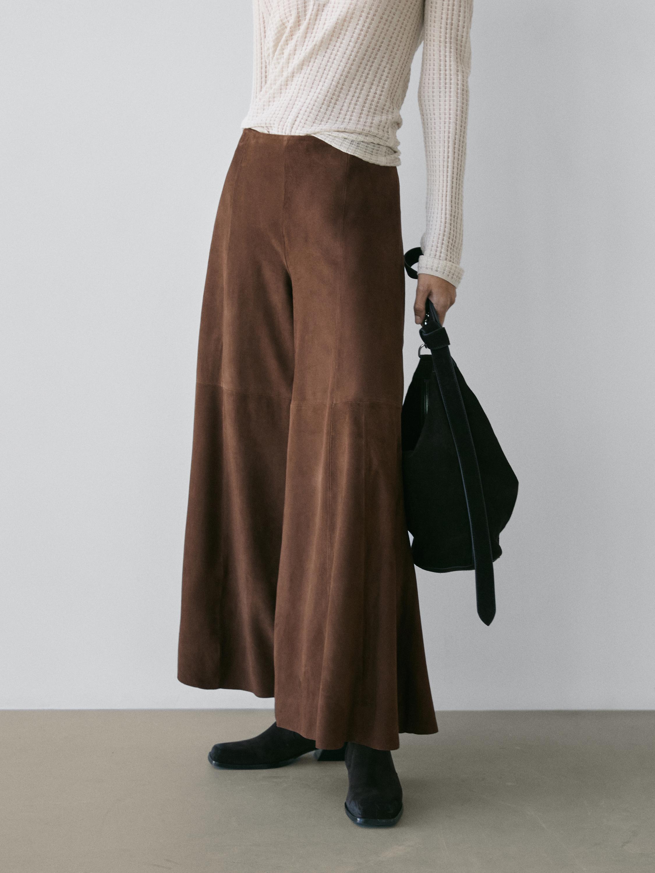 Suede leather flared trousers