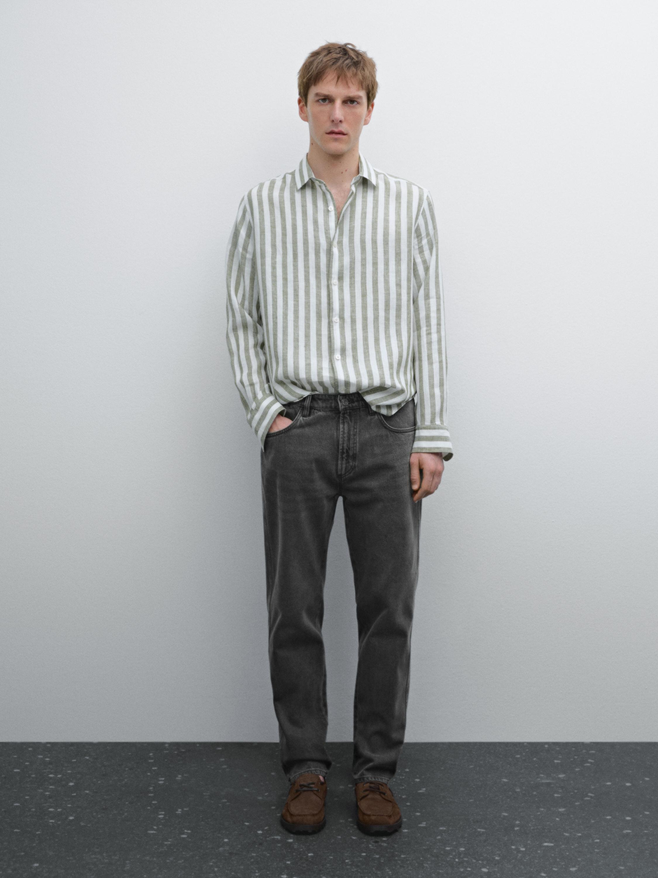 100% linen regular fit striped shirt