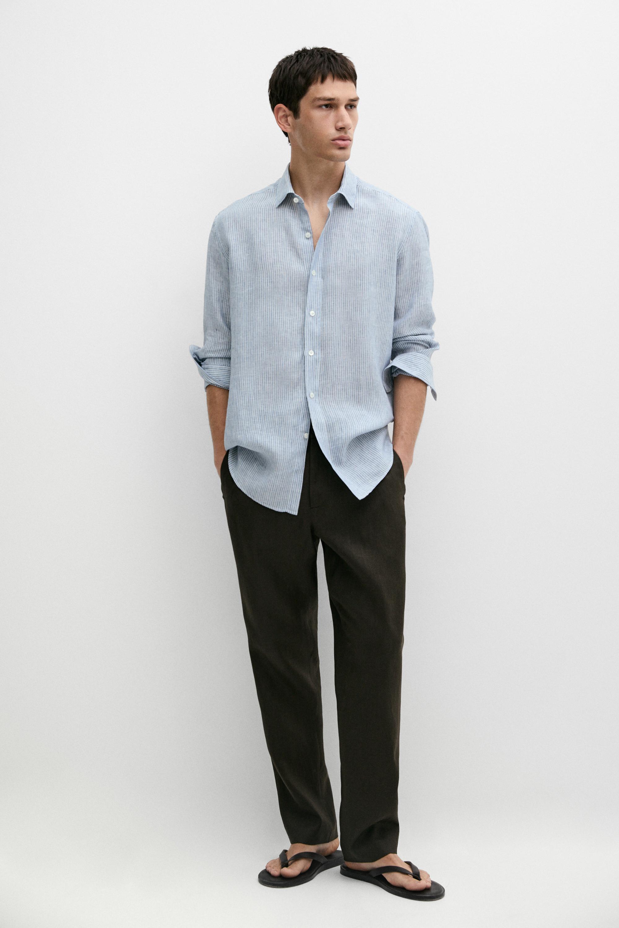 100% linen regular fit striped shirt