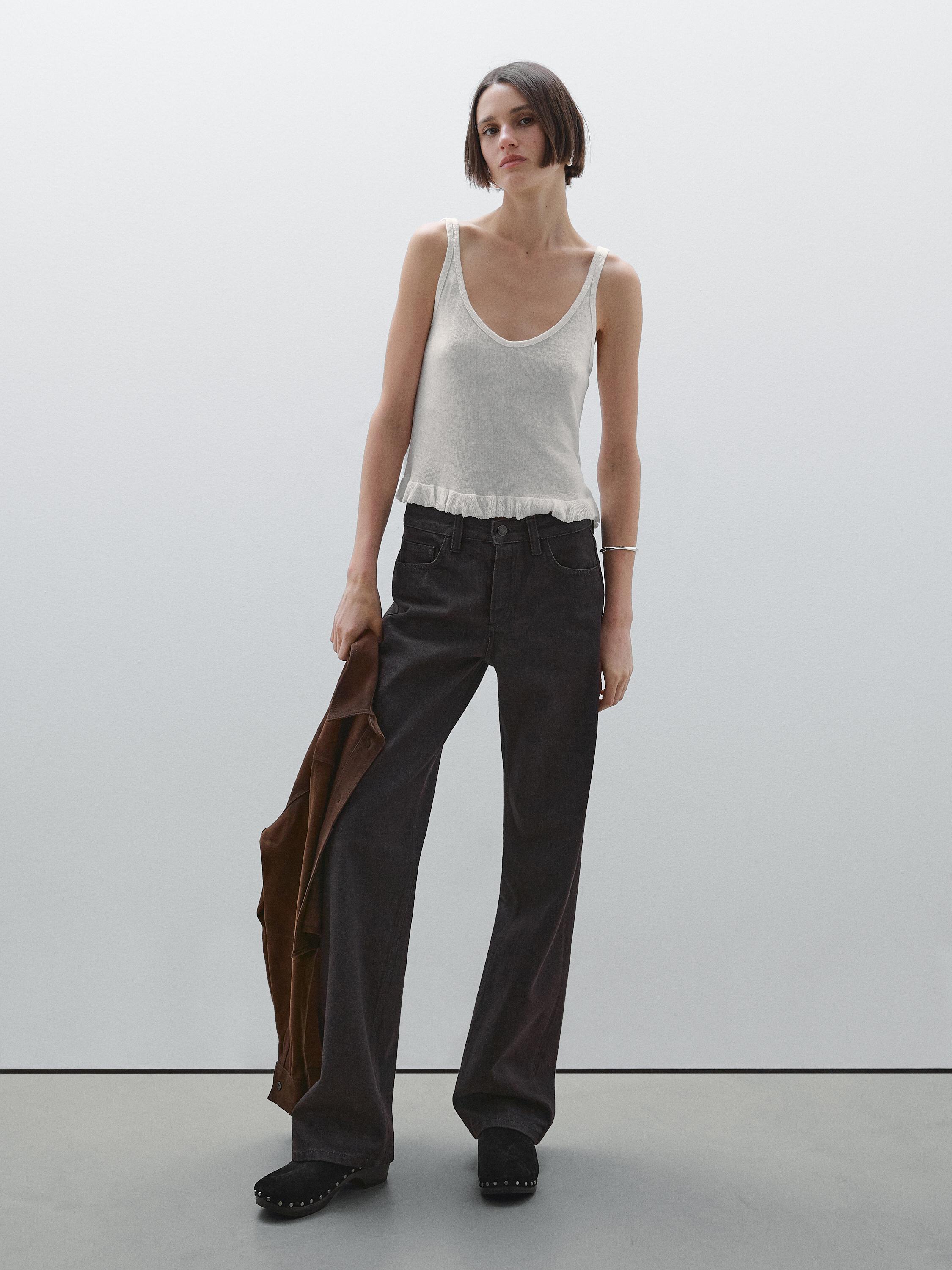 100% linen top with ruffled hem